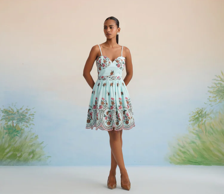 Bulevar Blossom - The Aqua Floral Embroidered Smocked Mini Dress