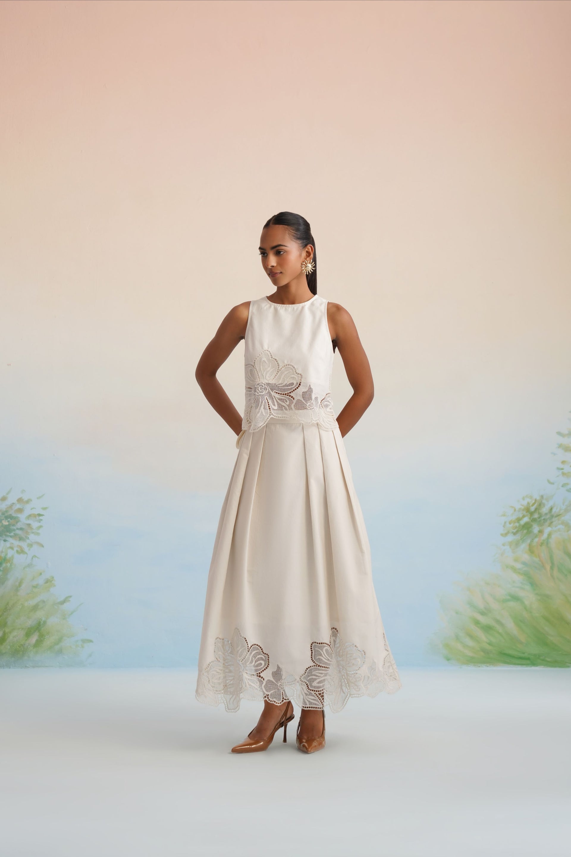 The Alabaster Floral Cutwork Pleated Dress