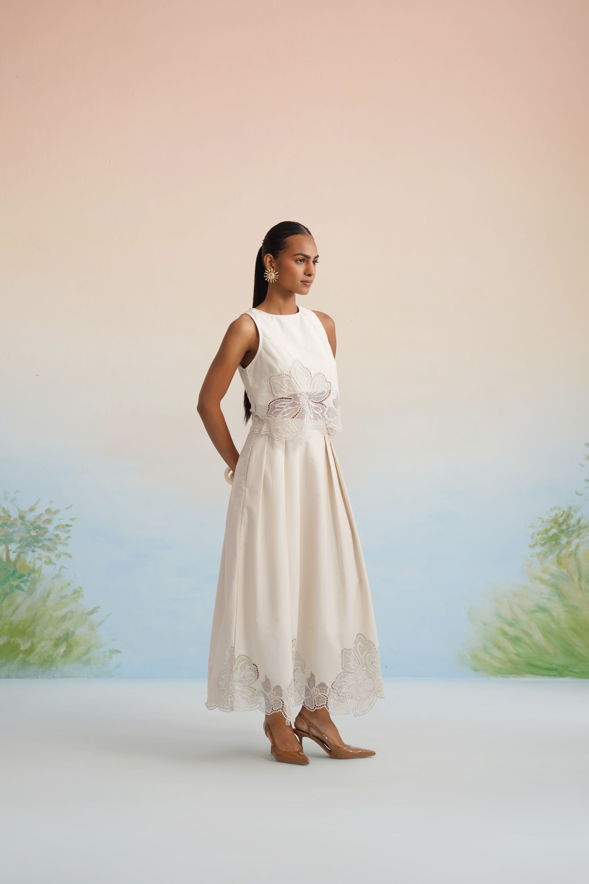 The Alabaster Floral Cutwork Pleated Dress
