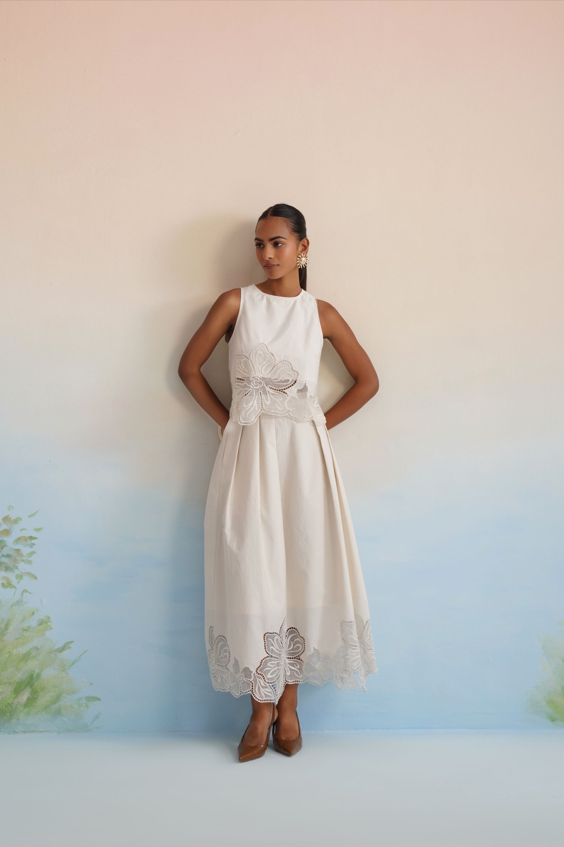 Bulevar Blossom - The Alabaster Floral Cutwork Pleated Dress