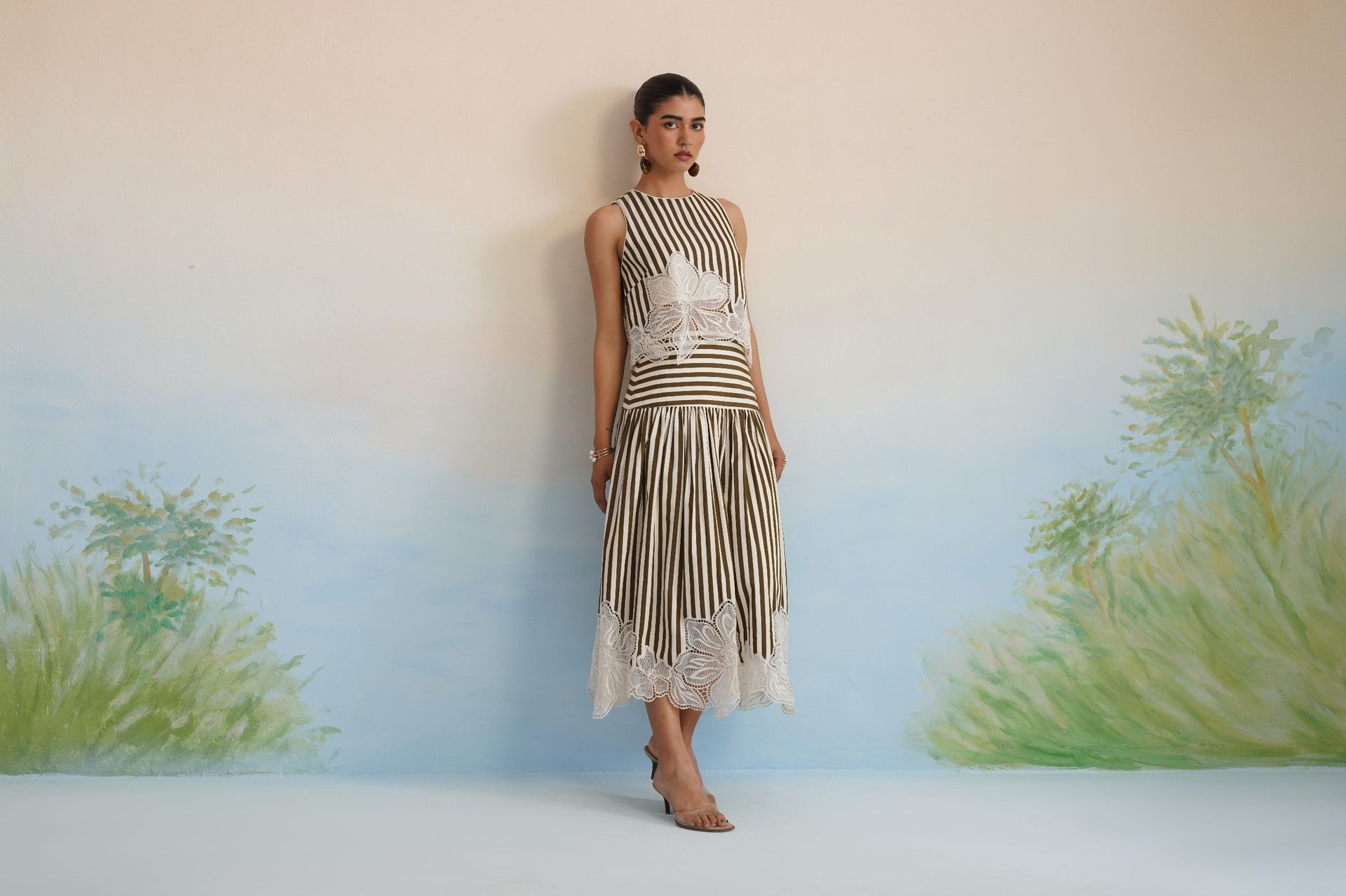 The Olive Stripe Floral Appliqué Ensemble: Two-Piece Skirt Set