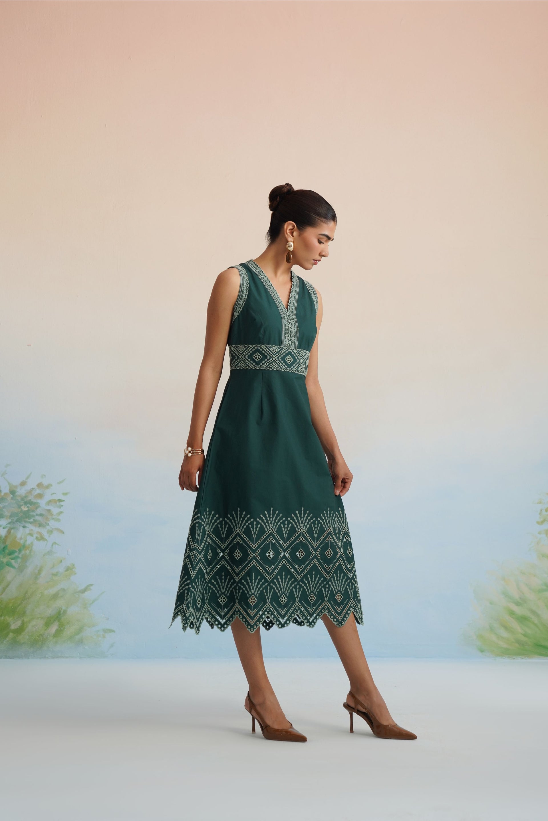 The Emerald Lattice Embroidered Midi Dress