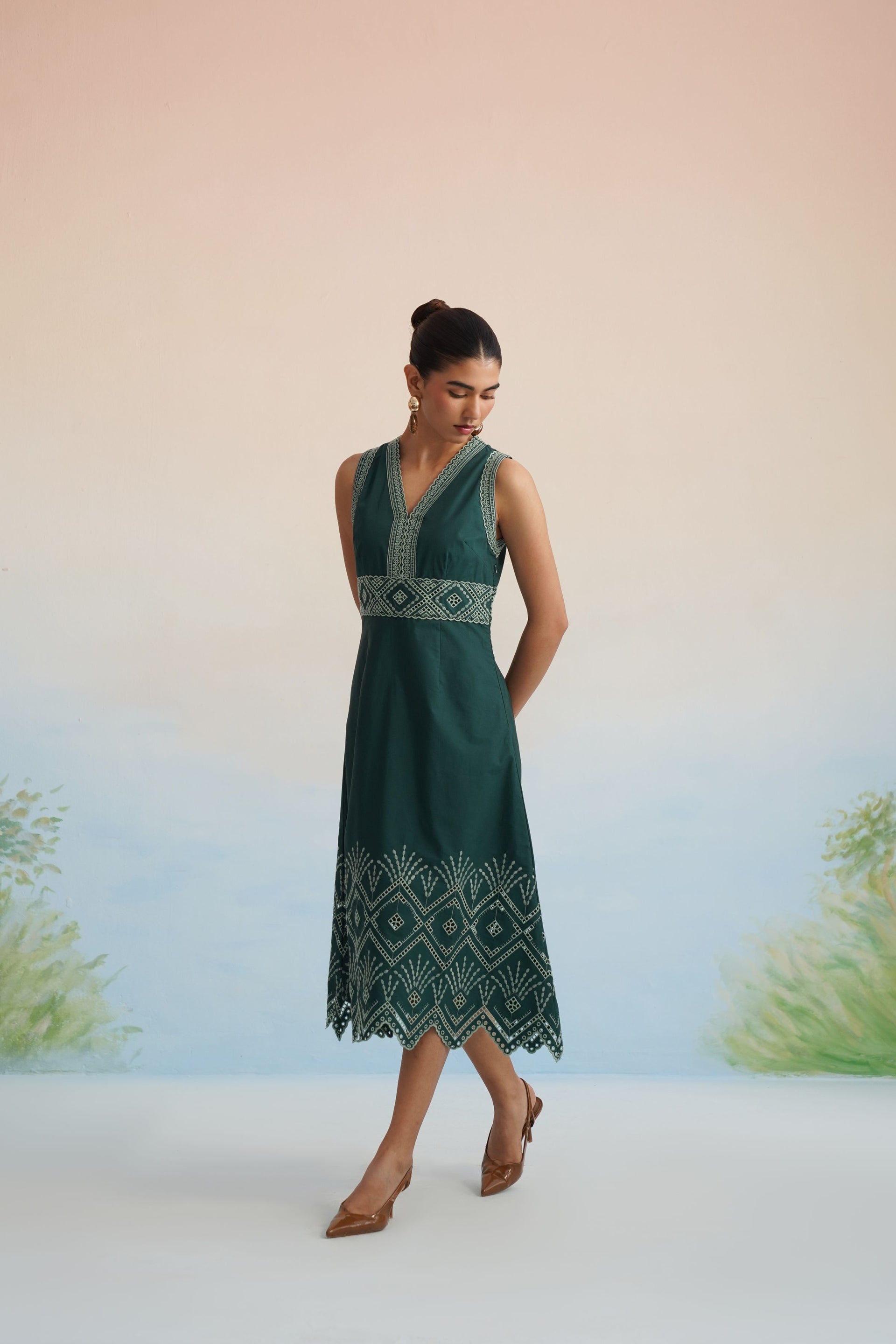 The Emerald Lattice Embroidered Midi Dress