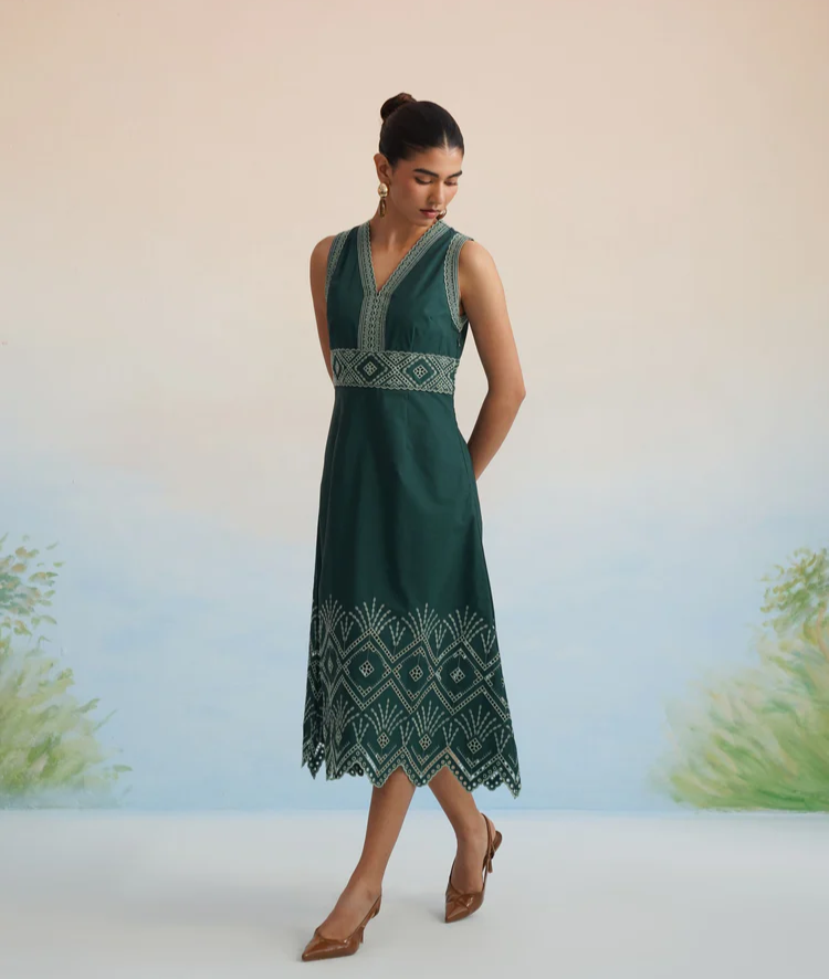The Emerald Lattice Embroidered Midi Dress