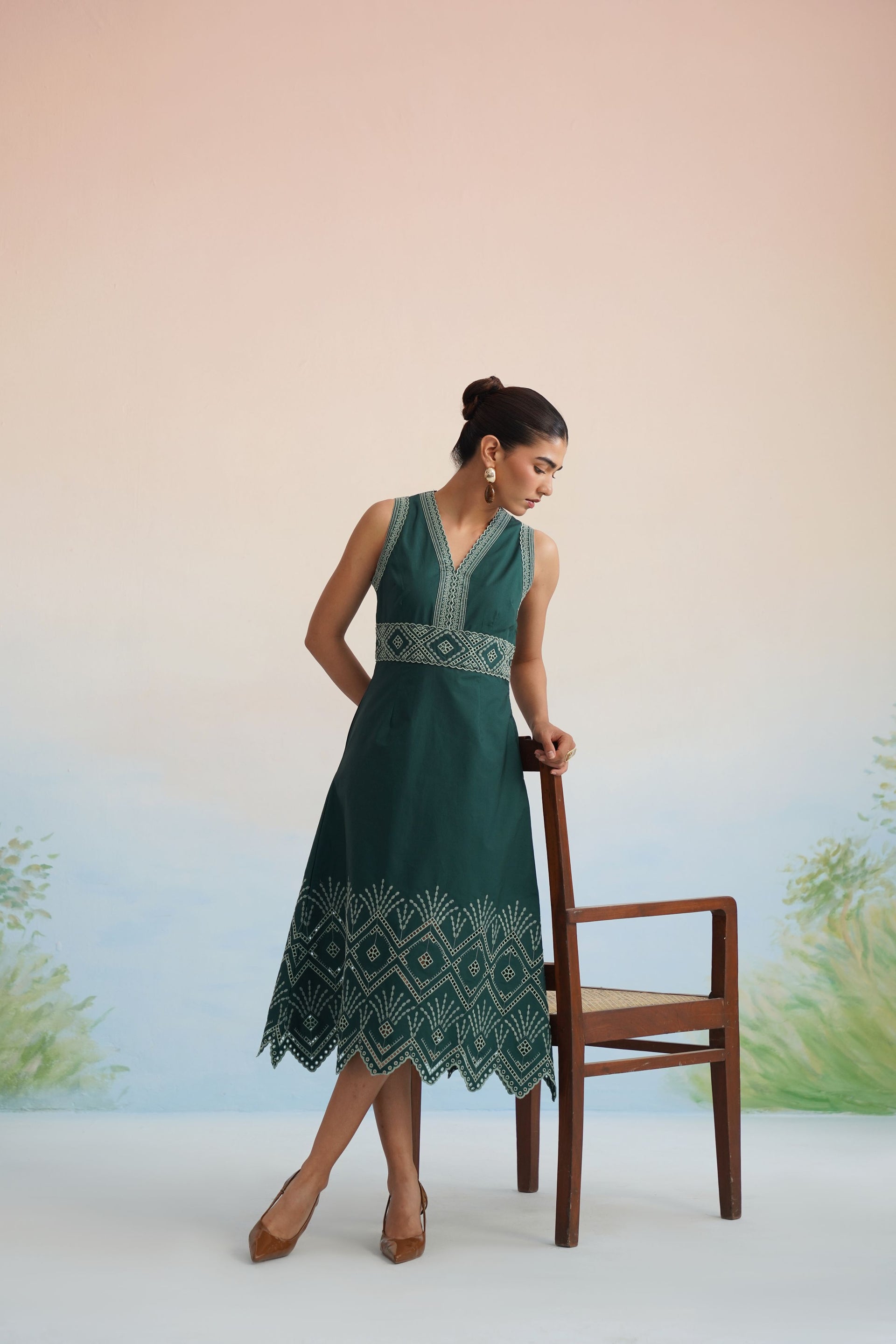 The Emerald Lattice Embroidered Midi Dress