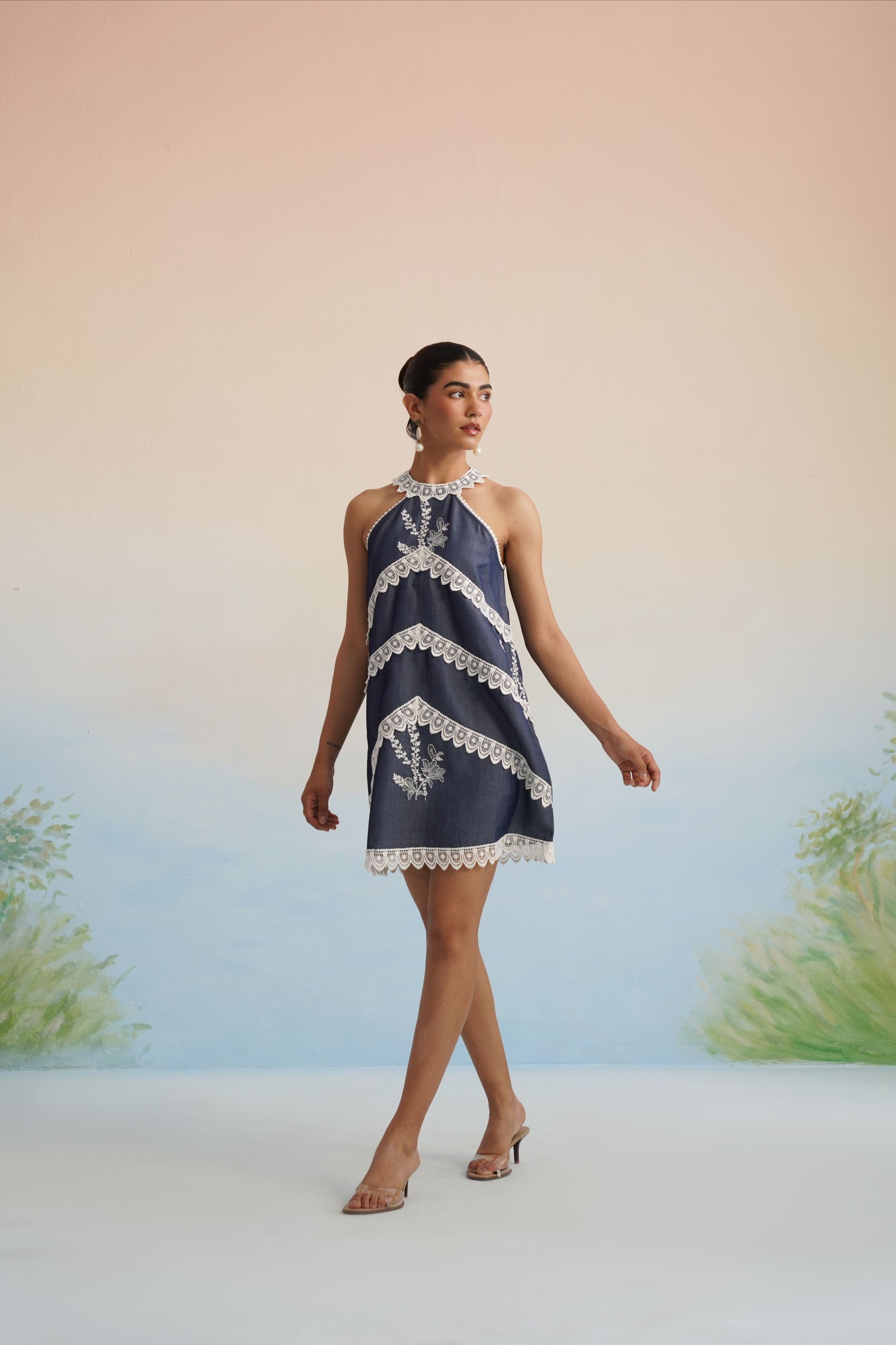 The Riviera Indigo Lace Halter Mini Dress