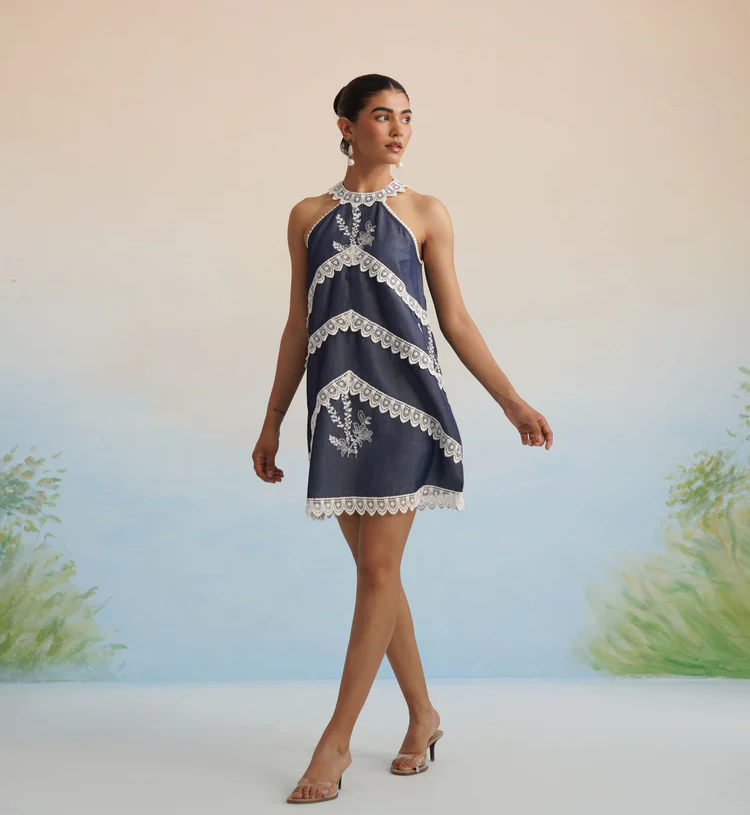 The Riviera Indigo Lace Halter Mini Dress