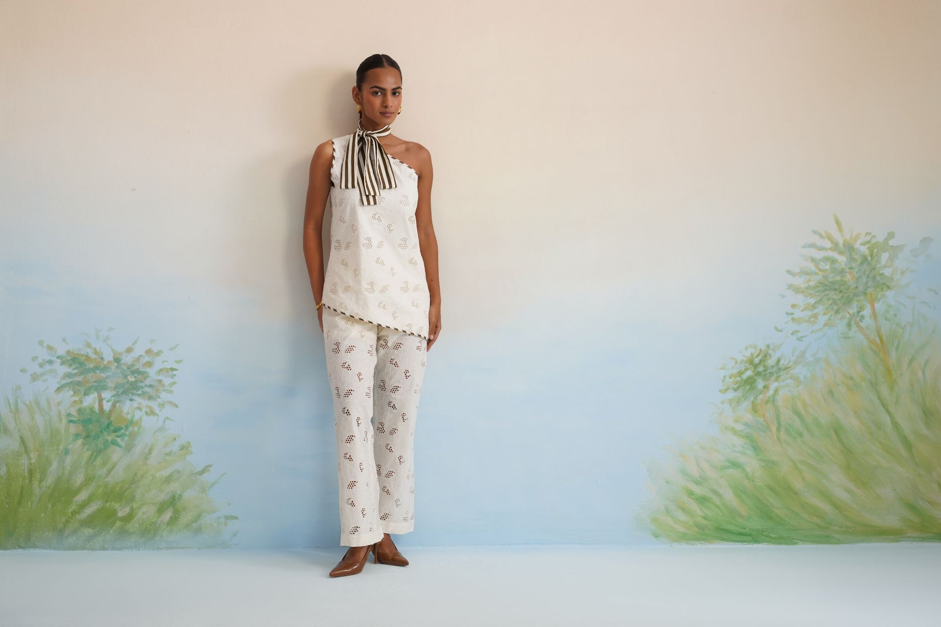 The Santorini One-Shoulder Cutwork Pant Set