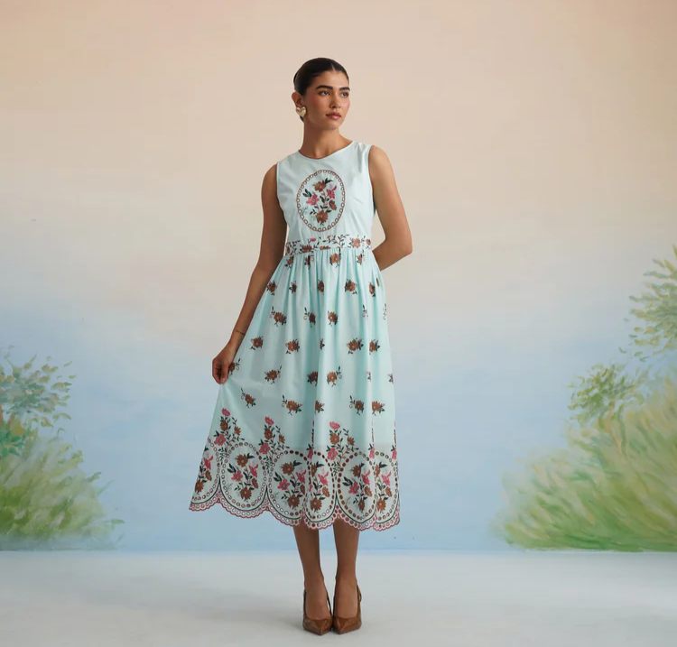The Azure Floral Embroidered Scalloped Midi Dress