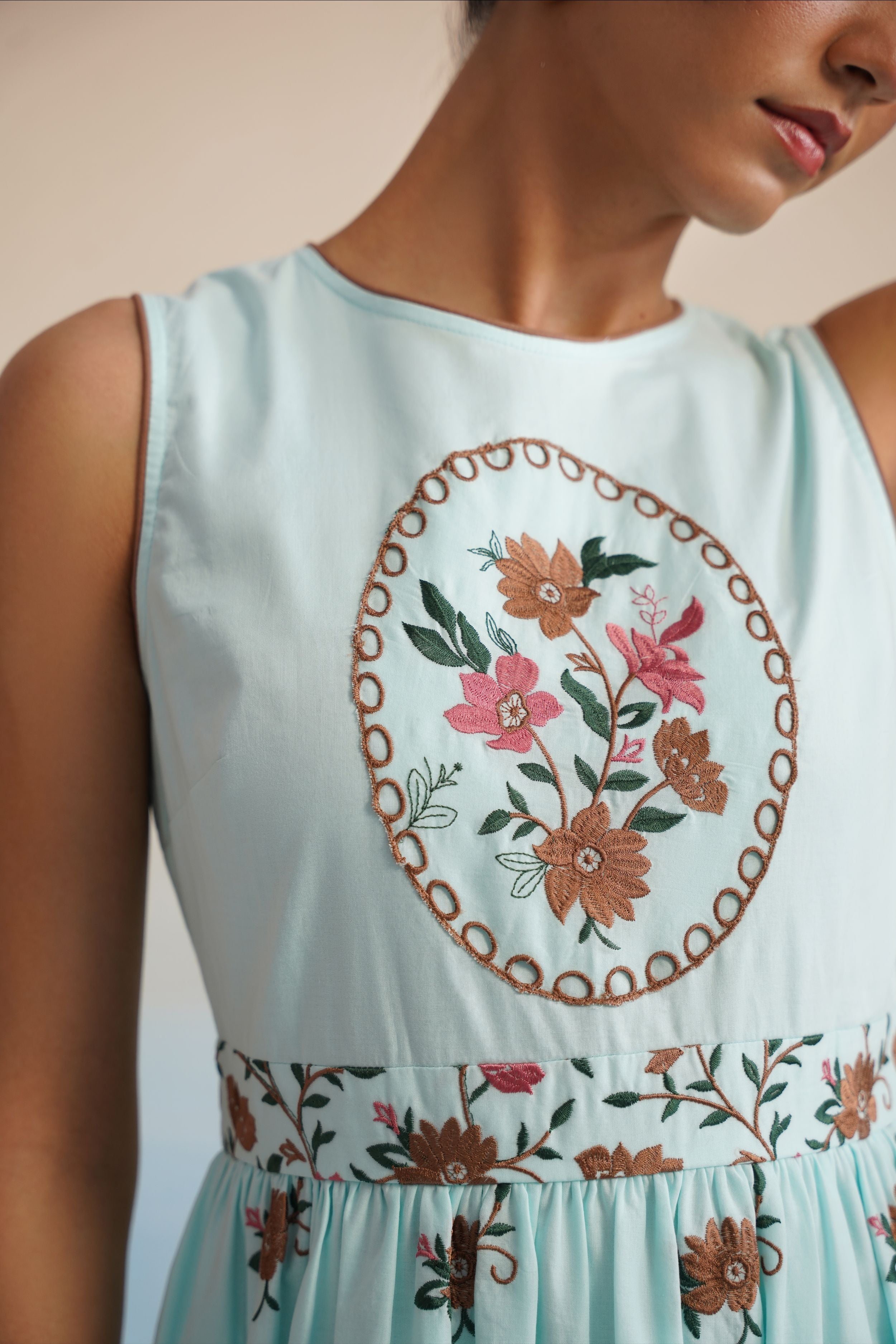 Women's Light Blue Embroidered Floral Midi Dress | A-Line with Pockets Women's Light Blue Embroidered Floral Midi Dress | A-Line with Pockets