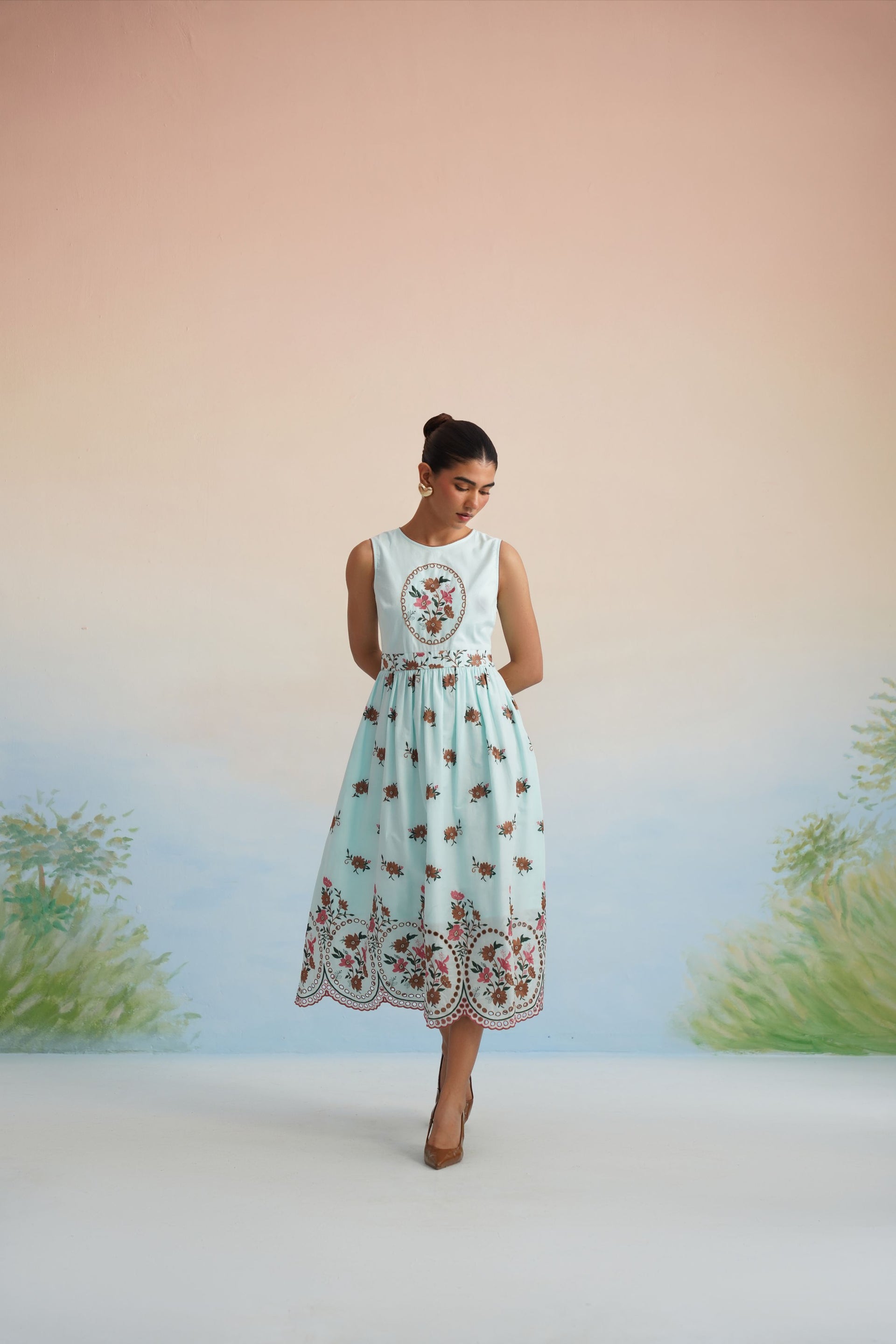 The Azure Floral Embroidered Scalloped Midi Dress