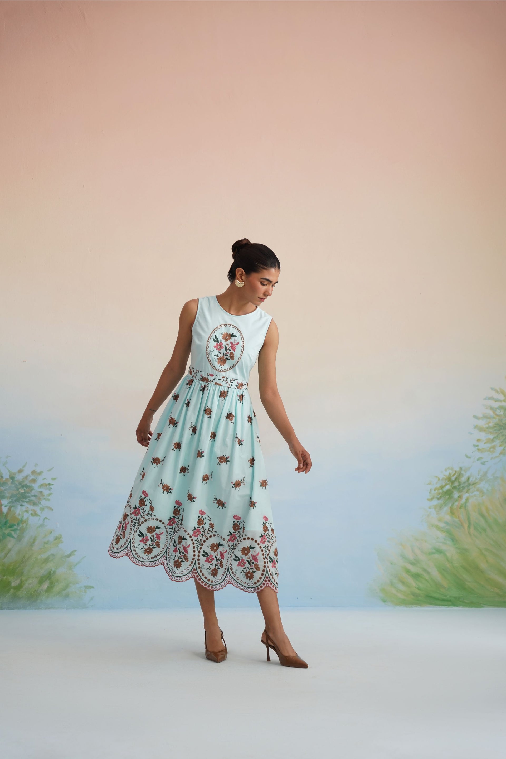 The Azure Floral Embroidered Scalloped Midi Dress
