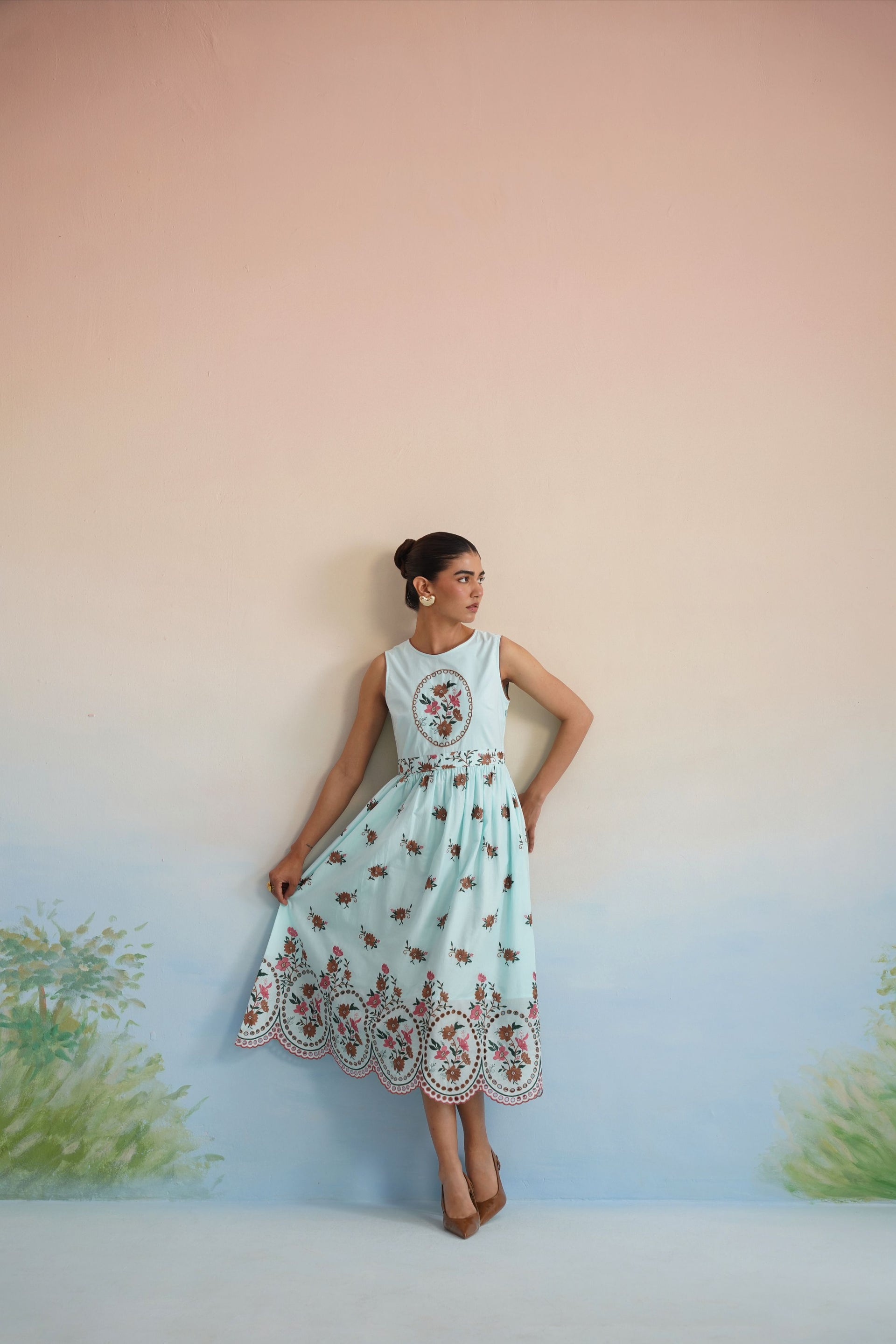 Bulevar Blossom - The Azure Floral Embroidered Scalloped Midi Dress