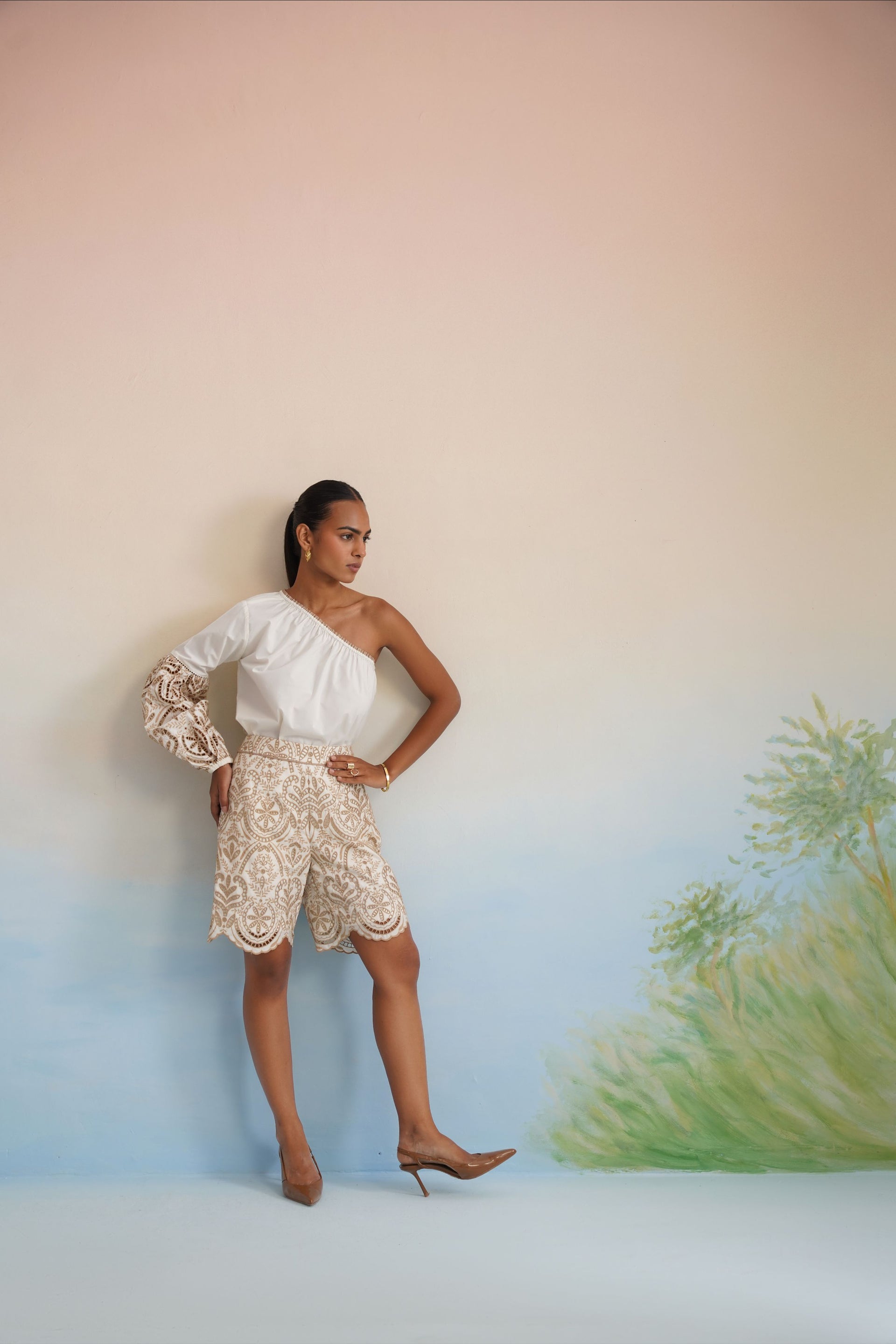 One-Shoulder Embroidered Shorts Set