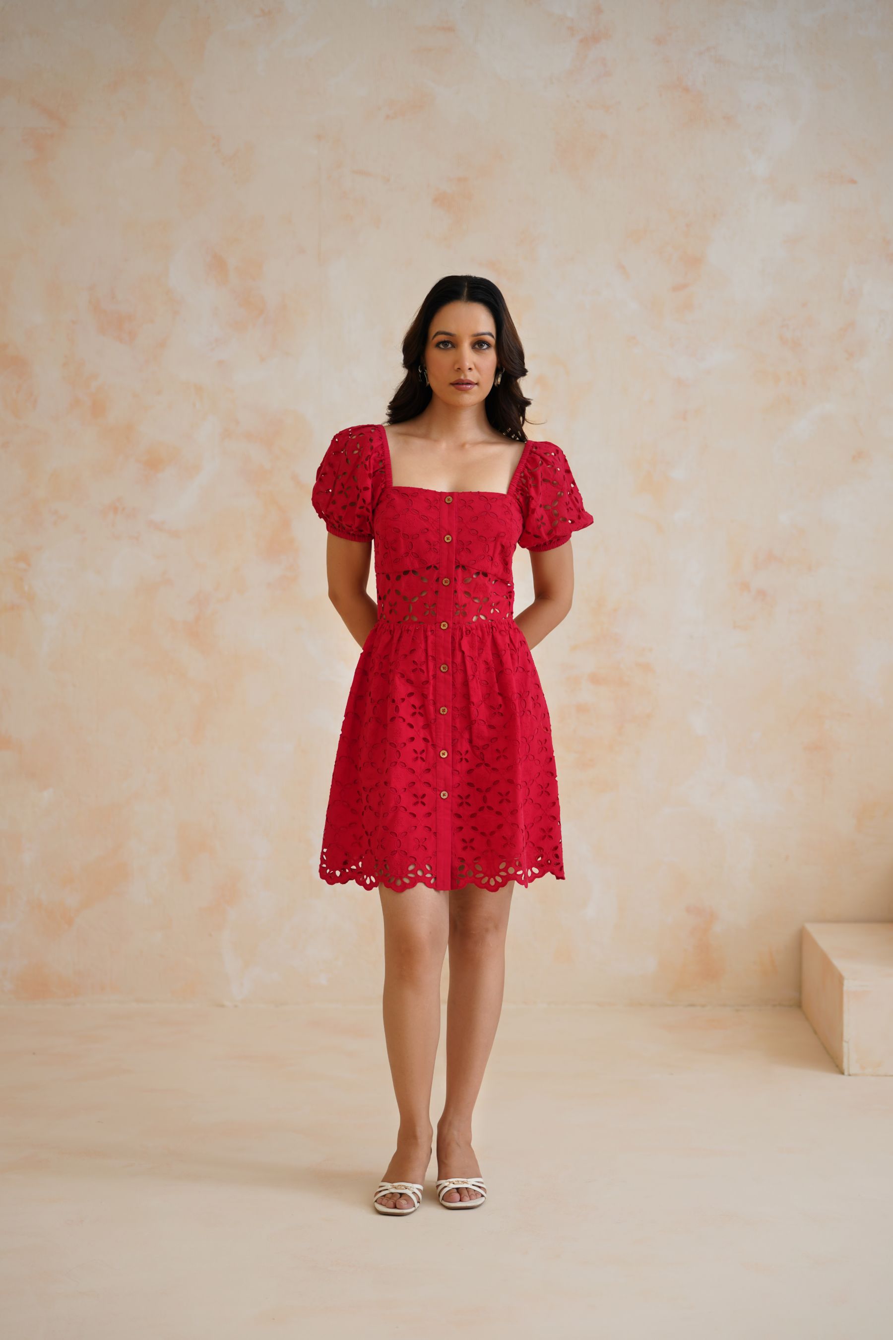 The Carmela Red Eyelet Mini Dress