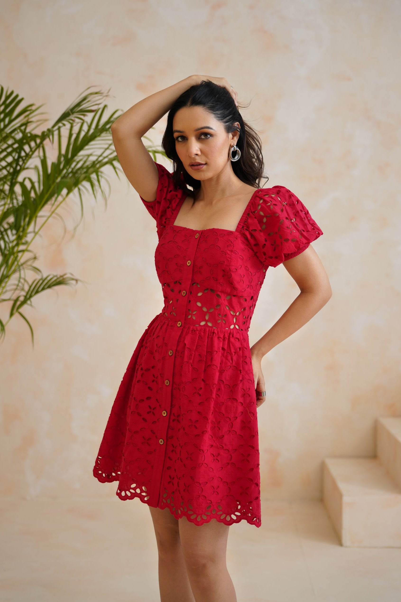 Tropical Oasis - The Carmela Red Eyelet Mini Dress