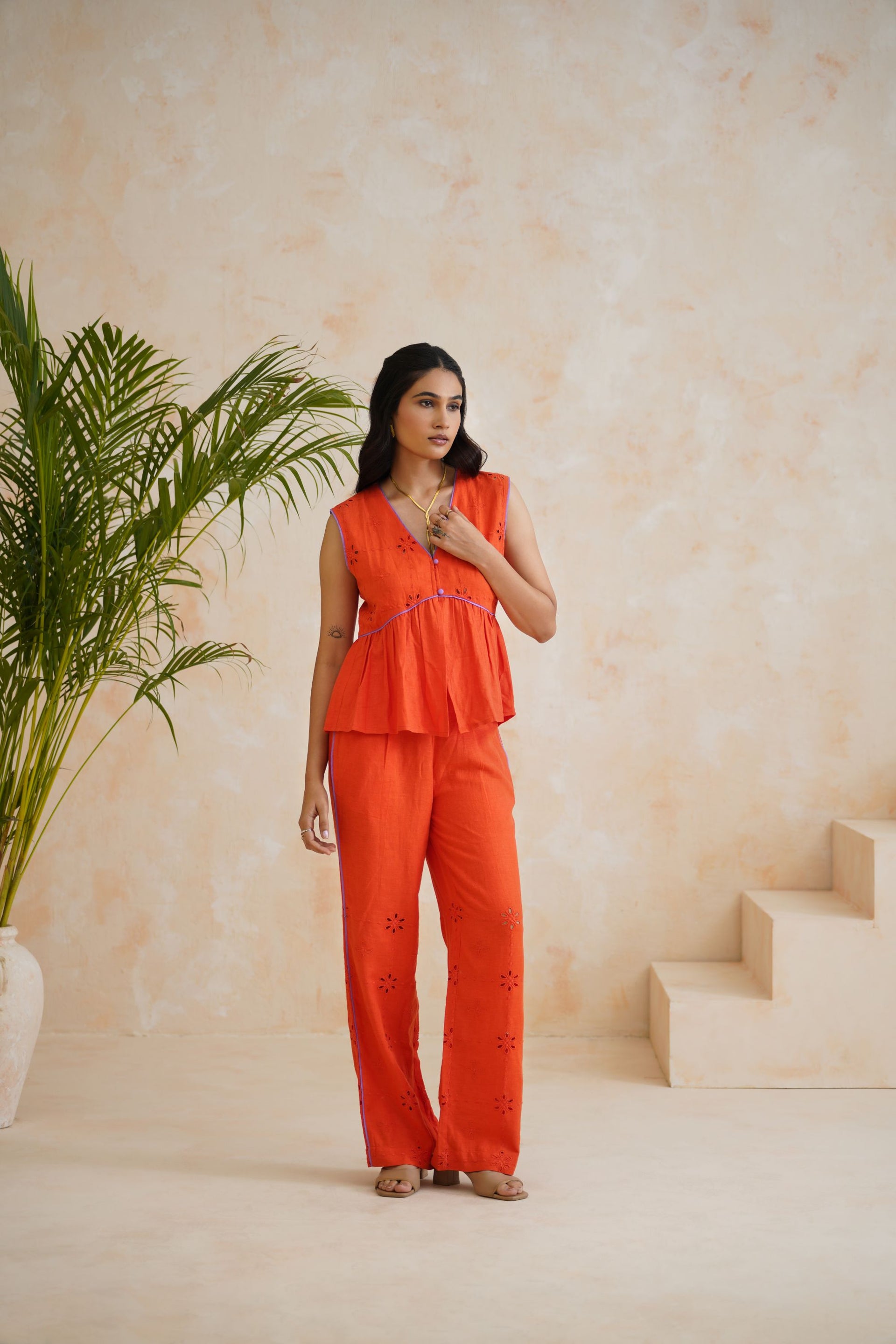 Tangerine Bloom Embroidered Trousers