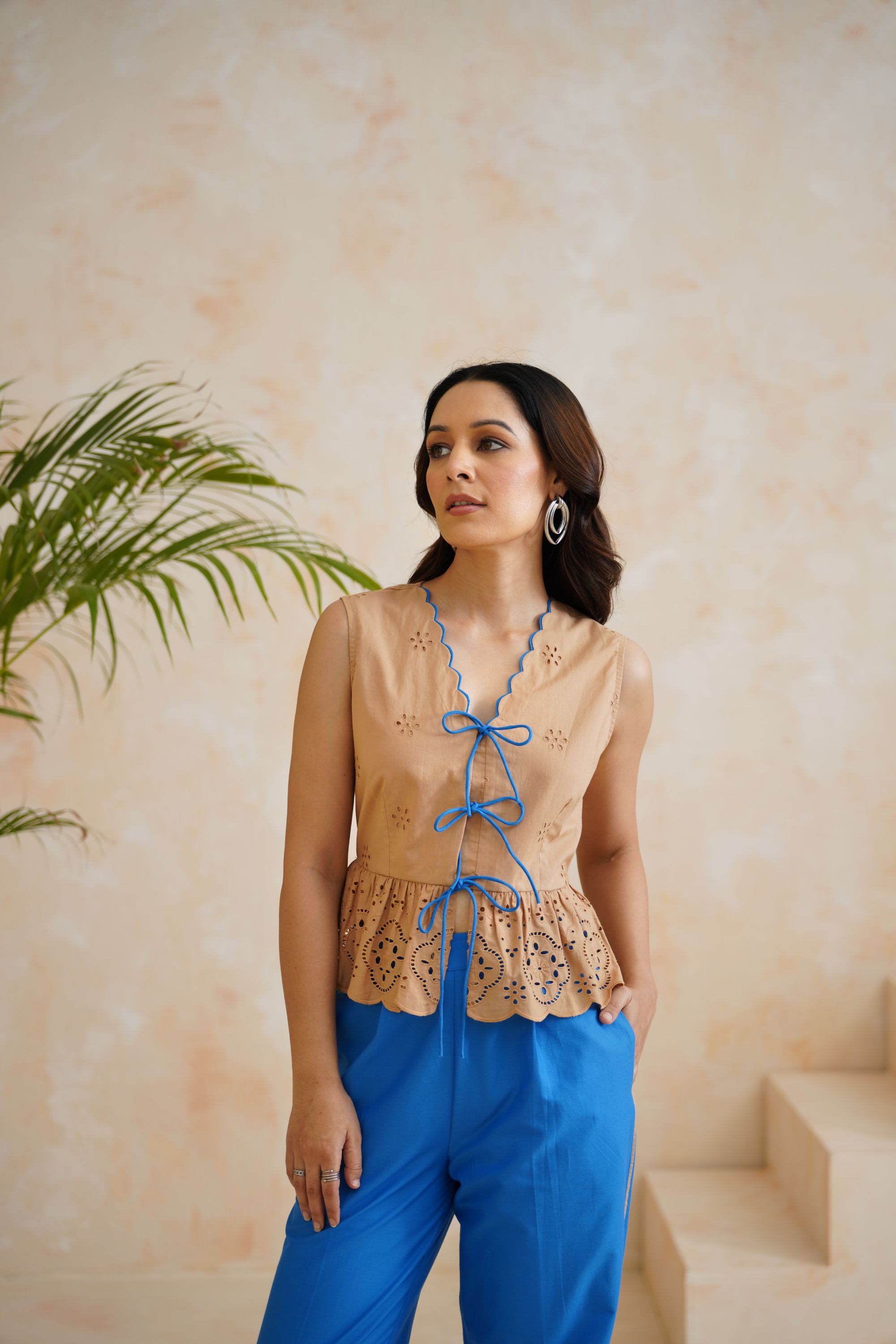 Tropical Oasis - The Artisan Beige & Blue Laser-Cut Peplum Set