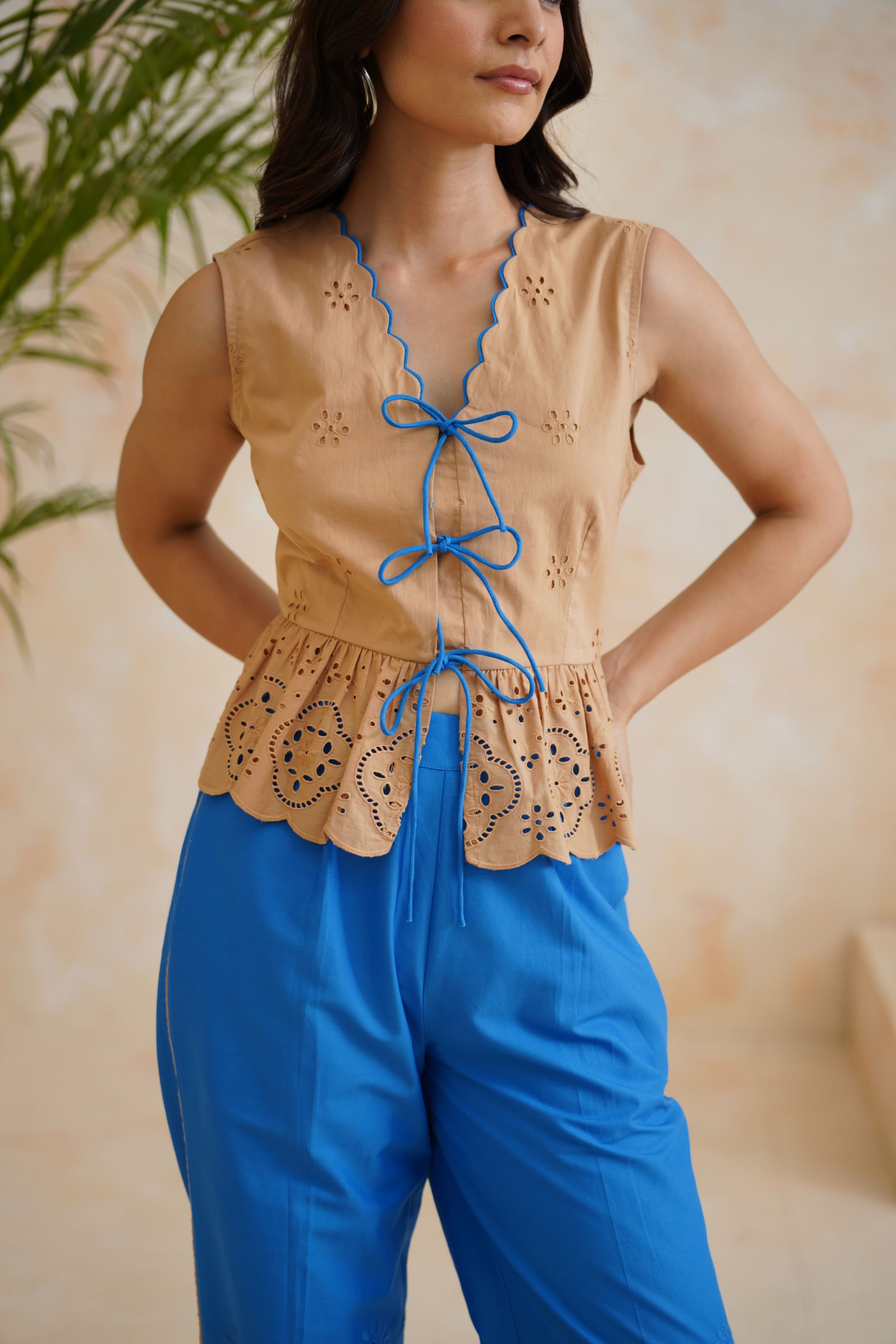 Tropical Oasis - The Artisan Beige & Blue Laser-Cut Peplum Set