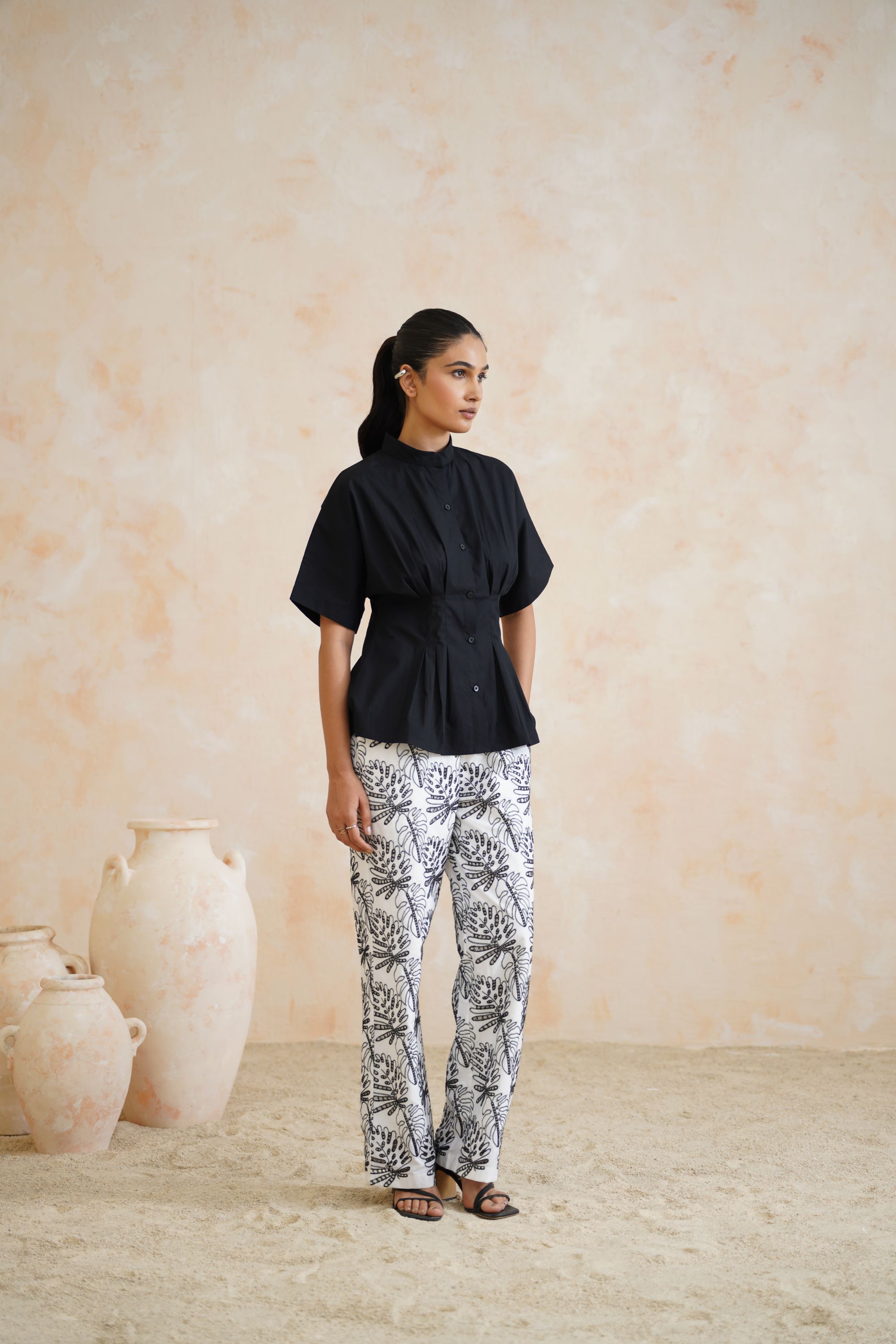Monochrome Grove Pleated Black Top