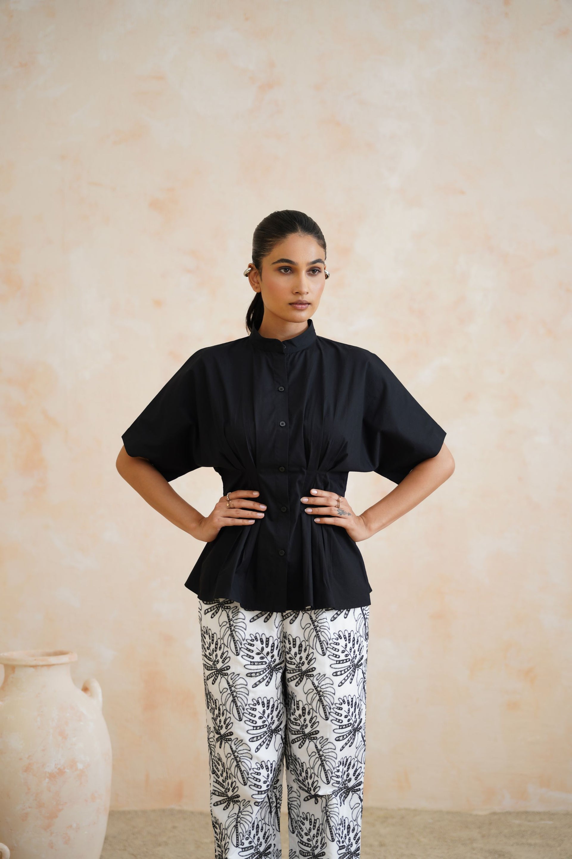Monochrome Grove Pleated Black Top