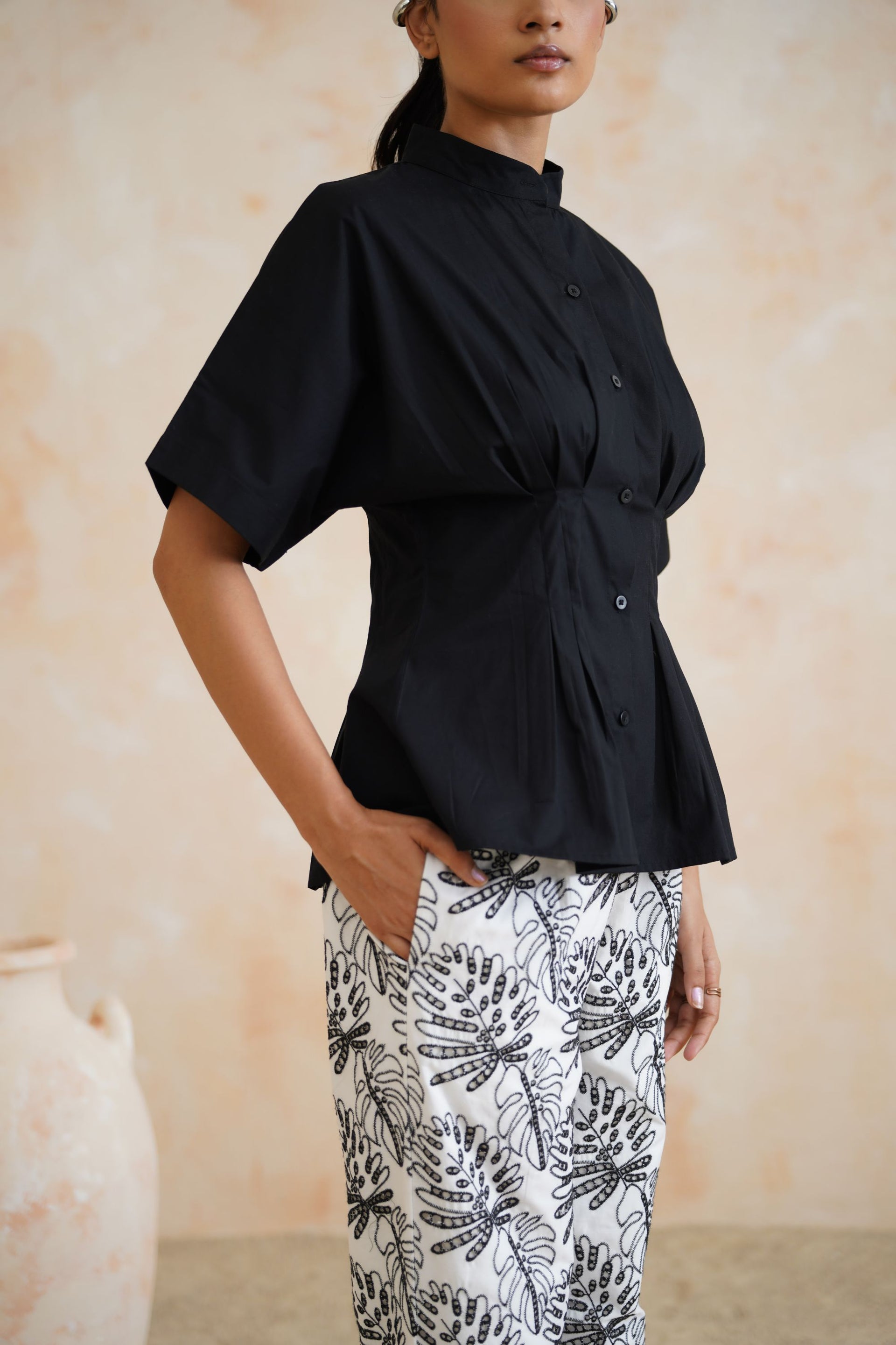 Monochrome Grove Pleated Black Top