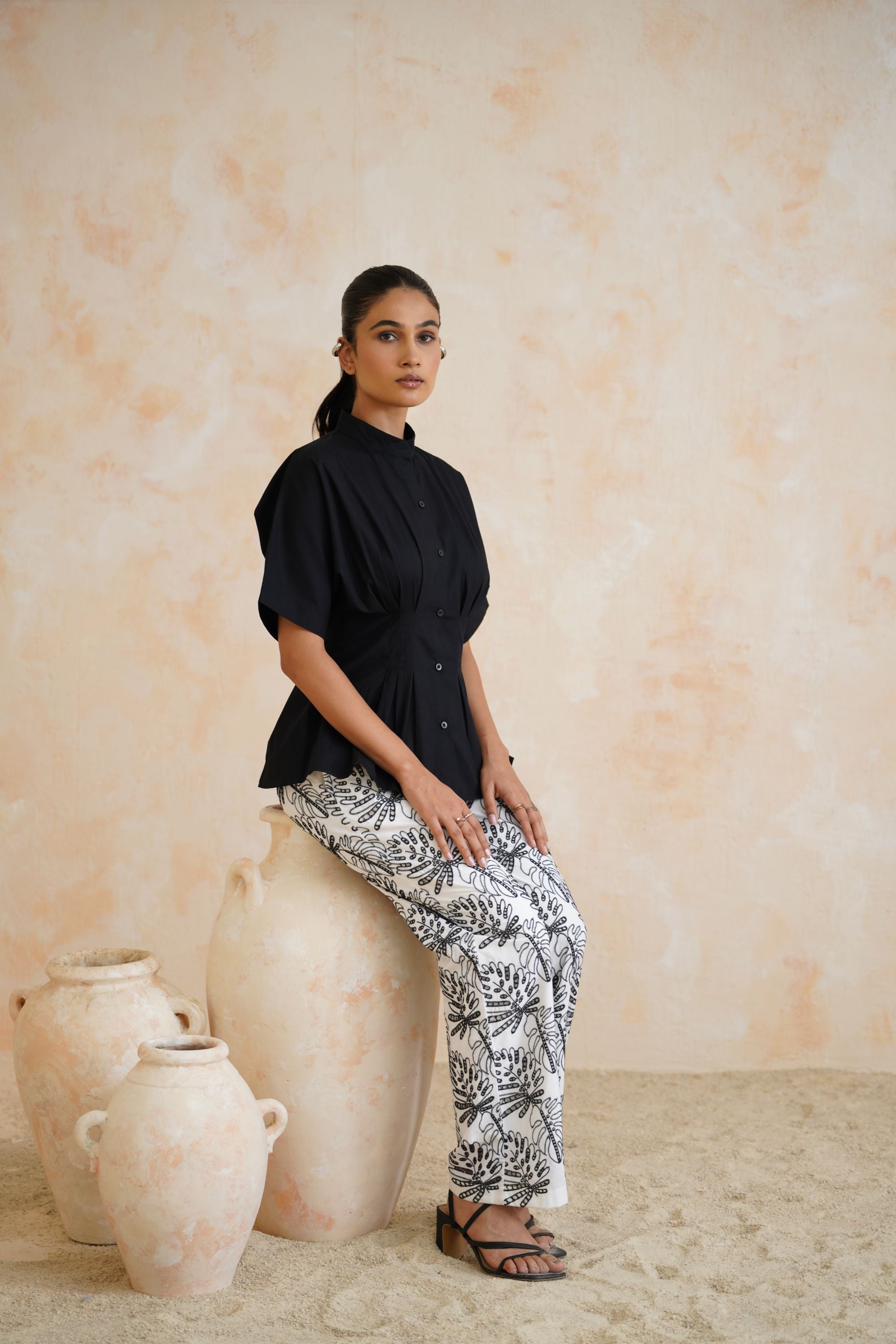 Monochrome Grove Pleated Black Top