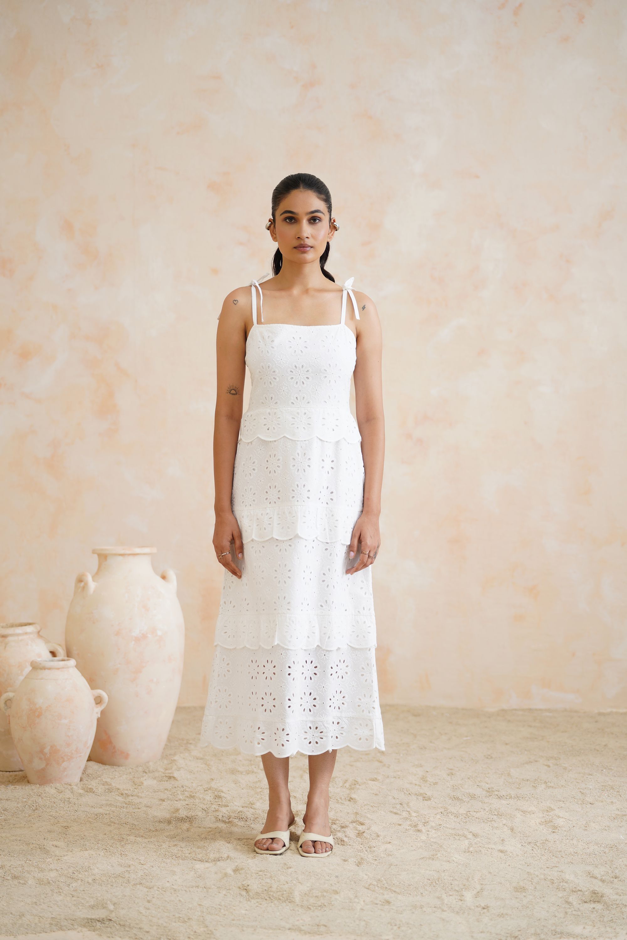 White Broderie Anglaise Tiered Midi Dress with Tie-Straps