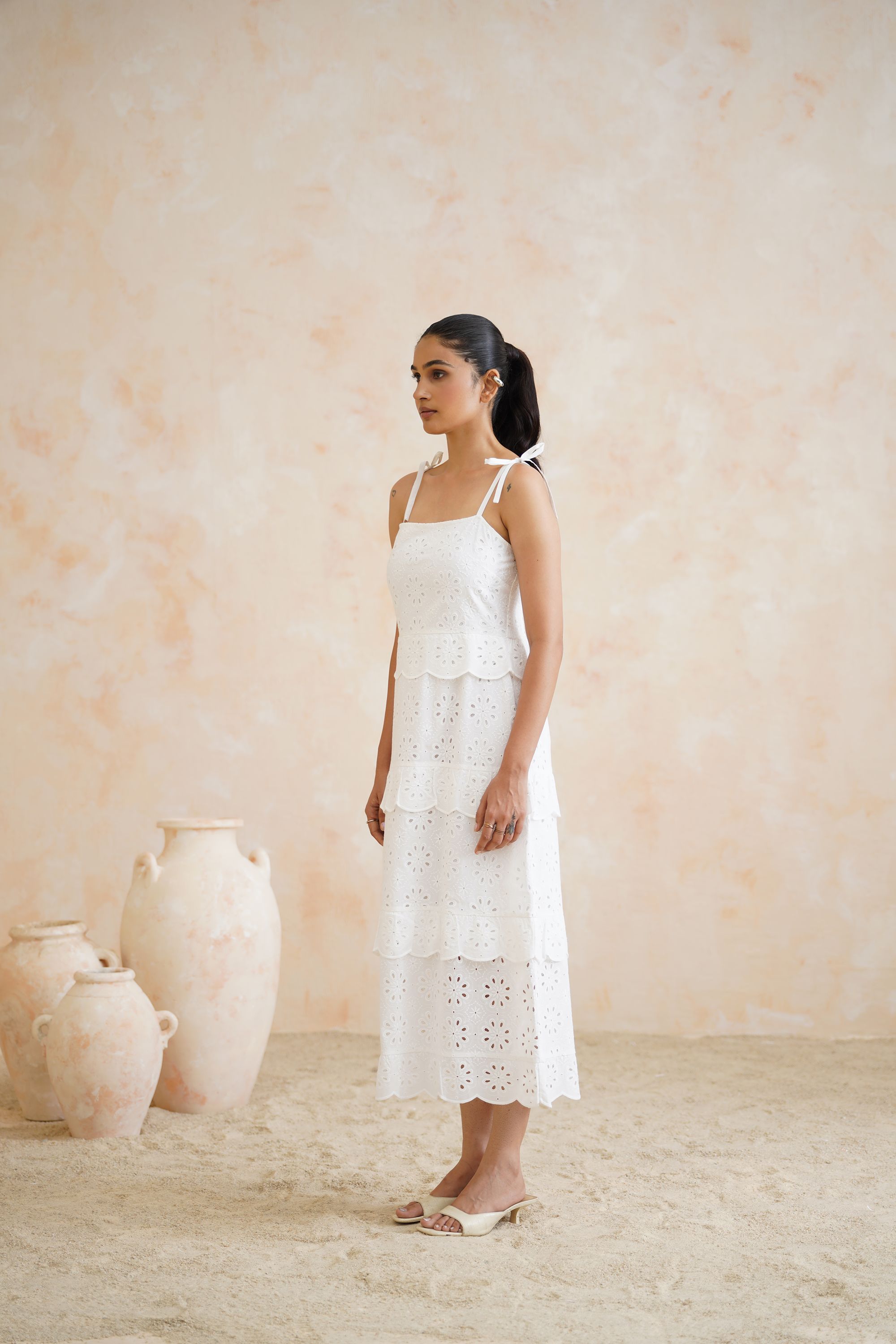 White Broderie Anglaise Tiered Midi Dress with Tie-Straps