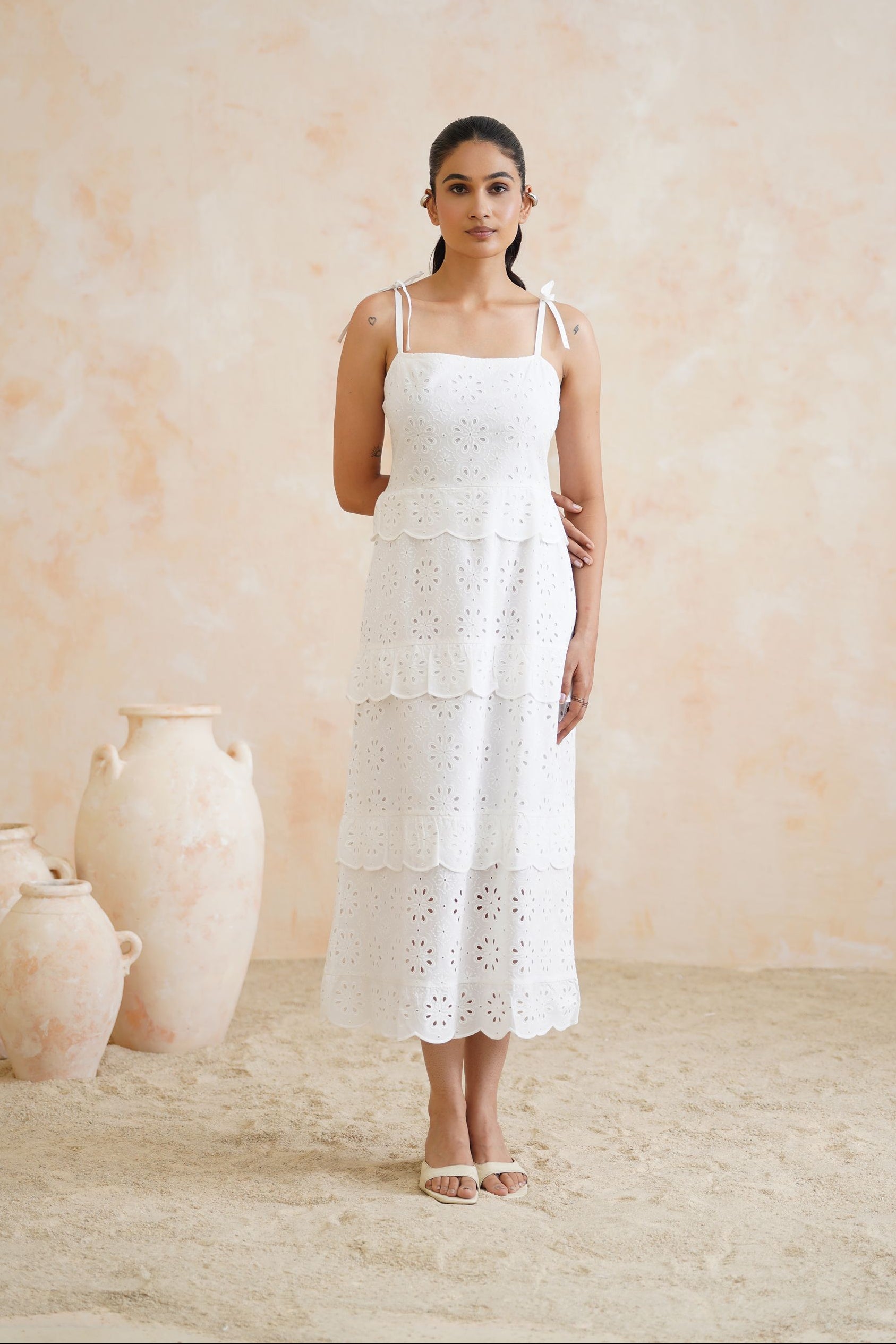 Tropical Oasis - White Broderie Anglaise Tiered Midi Dress with Tie-Straps
