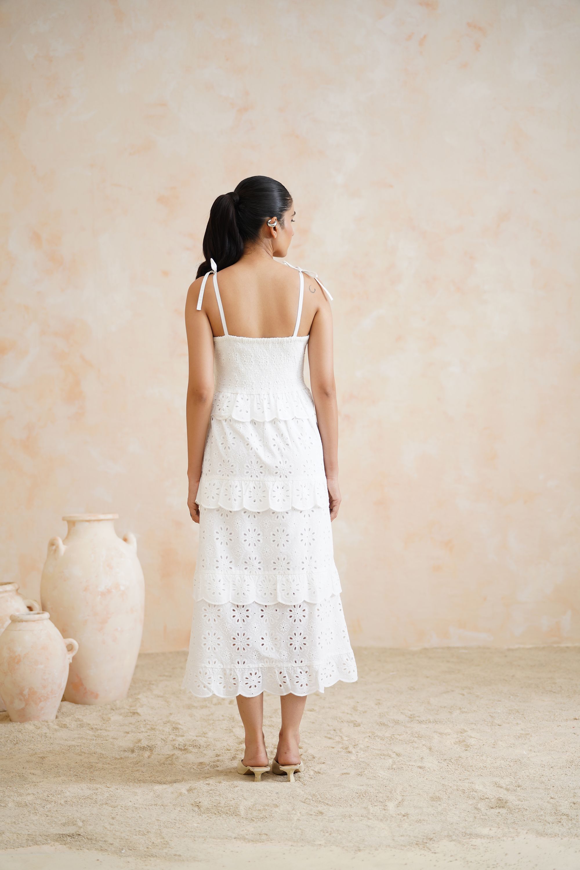 White Broderie Anglaise Tiered Midi Dress with Tie-Straps