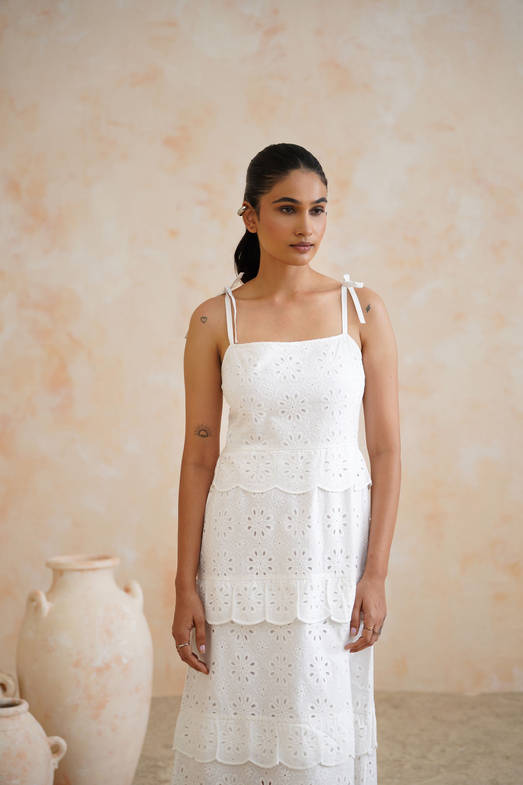 White Broderie Anglaise Tiered Midi Dress with Tie-Straps