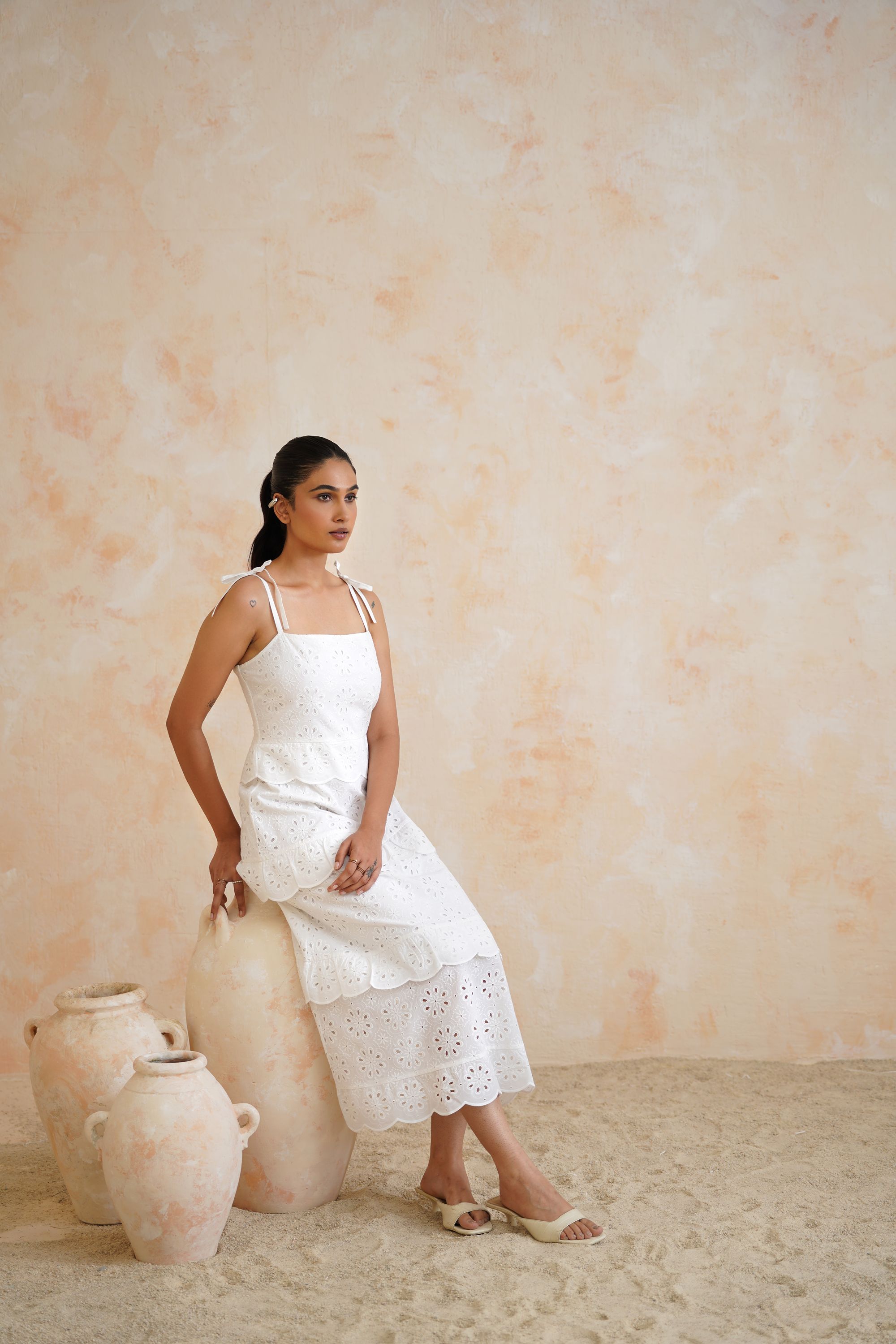 Tropical Oasis - White Broderie Anglaise Tiered Midi Dress with Tie-Straps