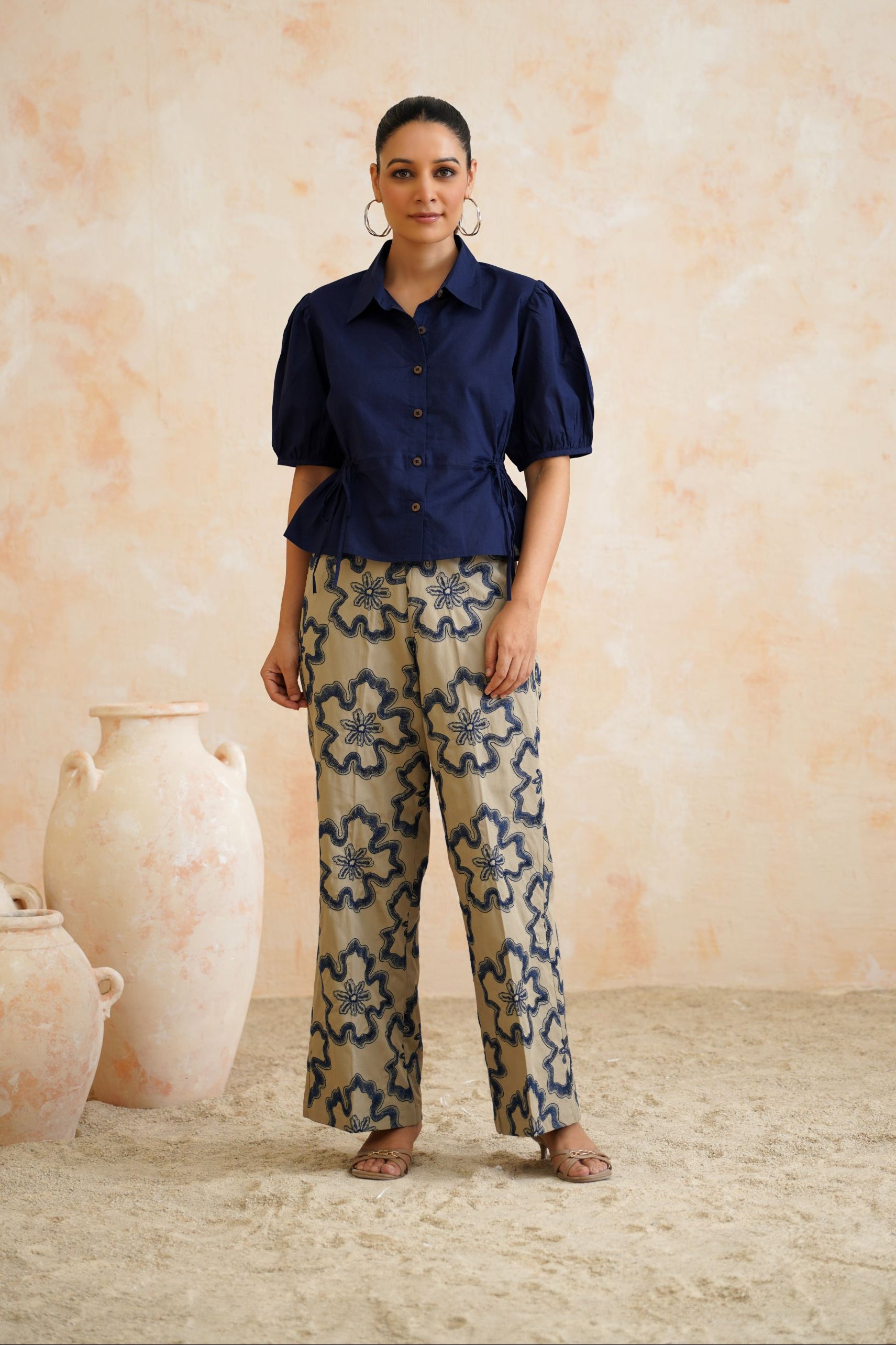 Tropical Oasis - The Harper Navy Peplum Shirt & Floral Trouser Set