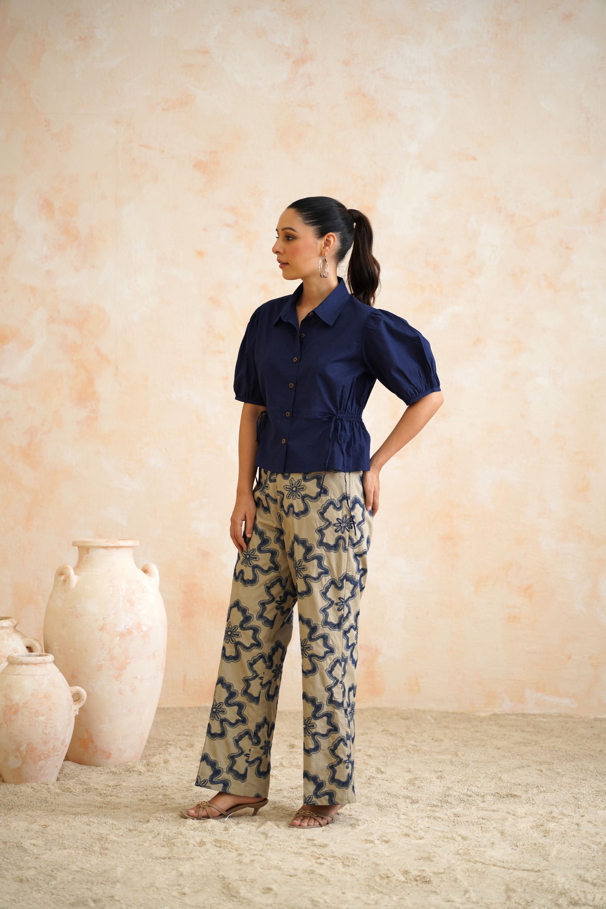 Tropical Oasis - The Harper Navy Peplum Shirt & Floral Trouser Set