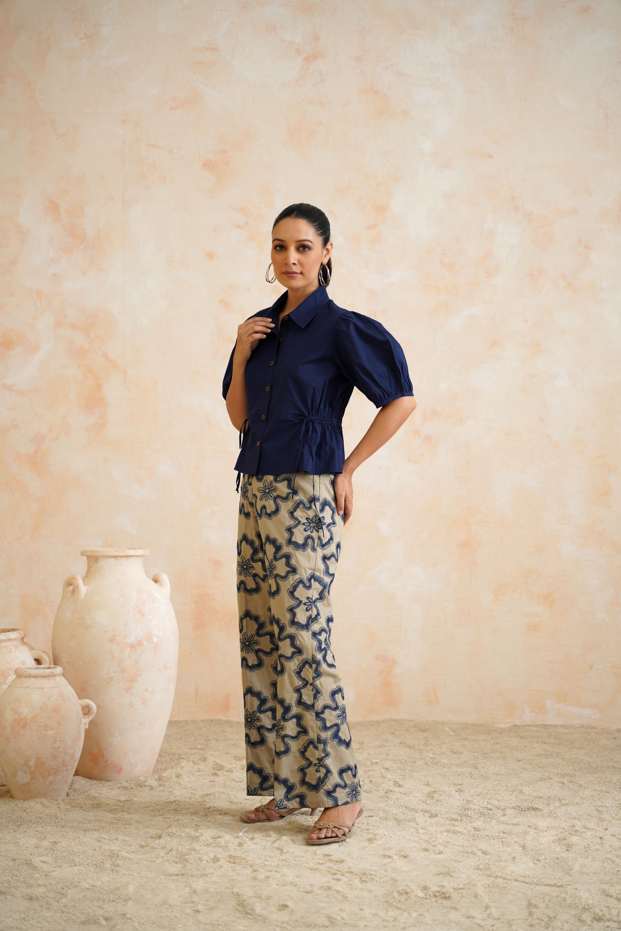 The Harper Navy Peplum Shirt & Floral Trouser Set