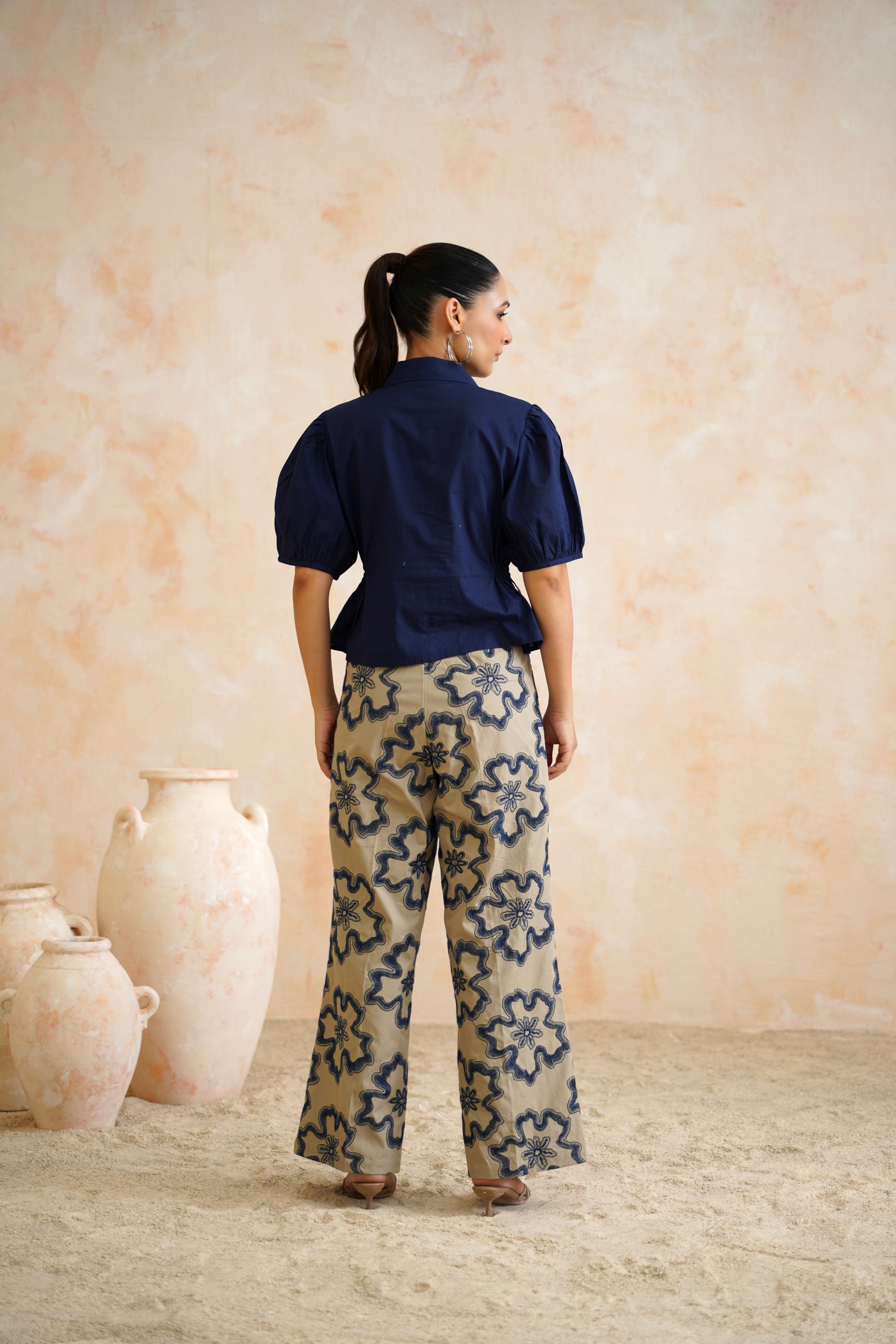 The Harper Navy Peplum Shirt & Floral Trouser Set