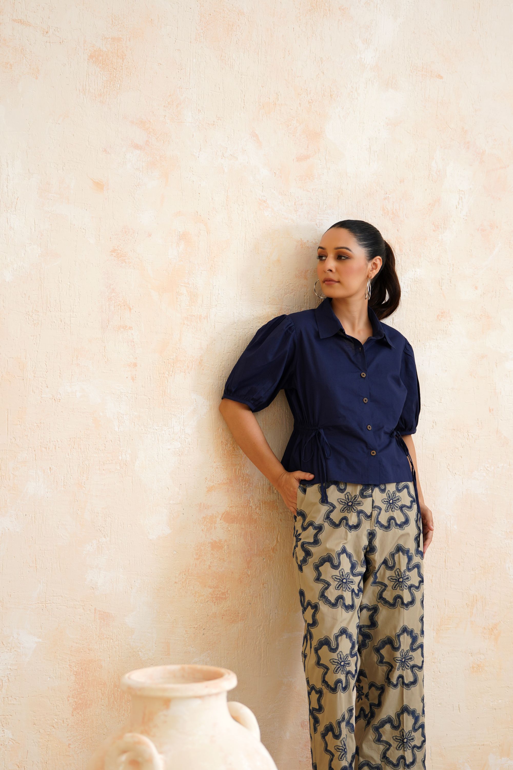 The Harper Navy Peplum Shirt & Floral Trouser Set