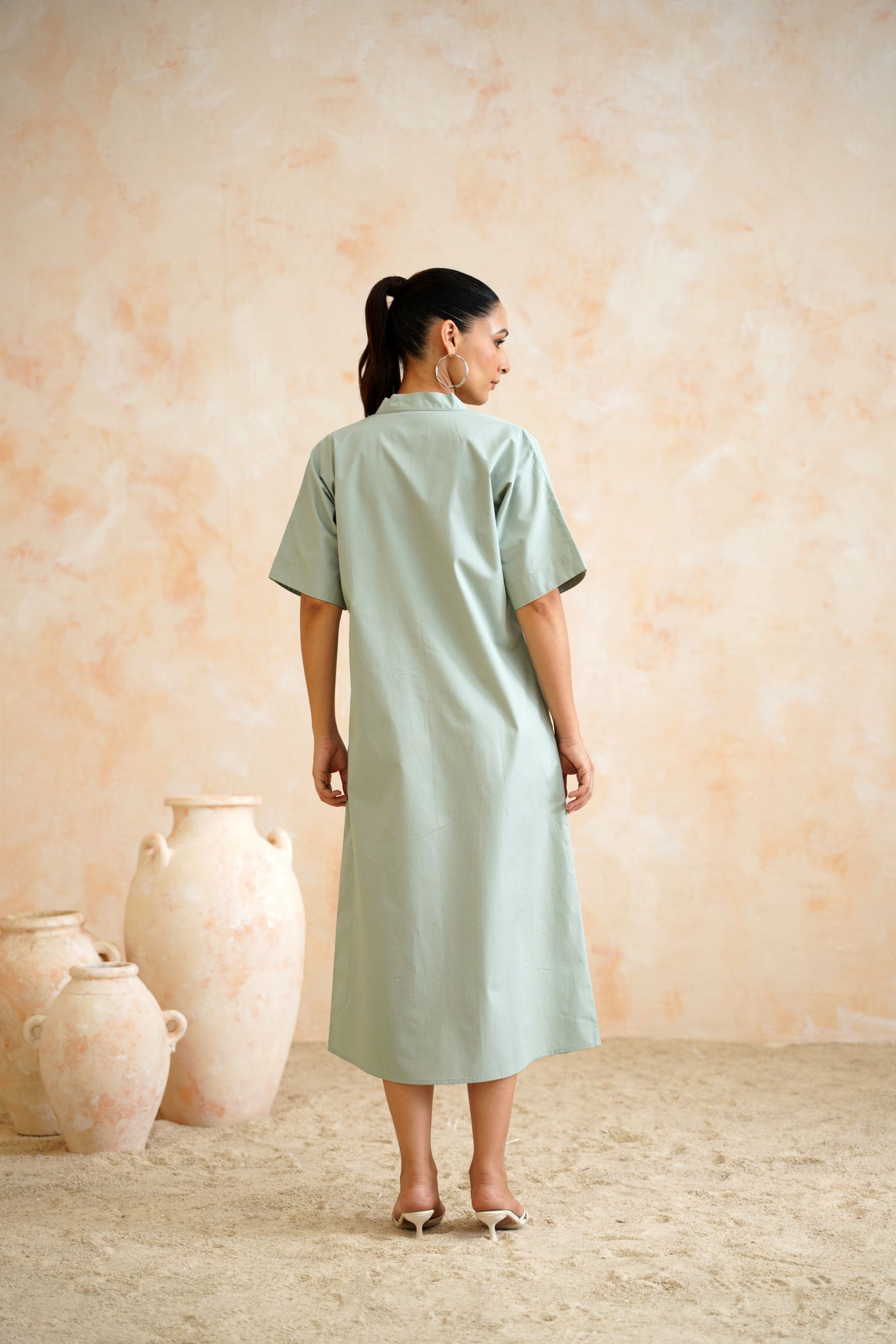Pastel Green Cotton Kaftan Dress with Pleated Lace Patch