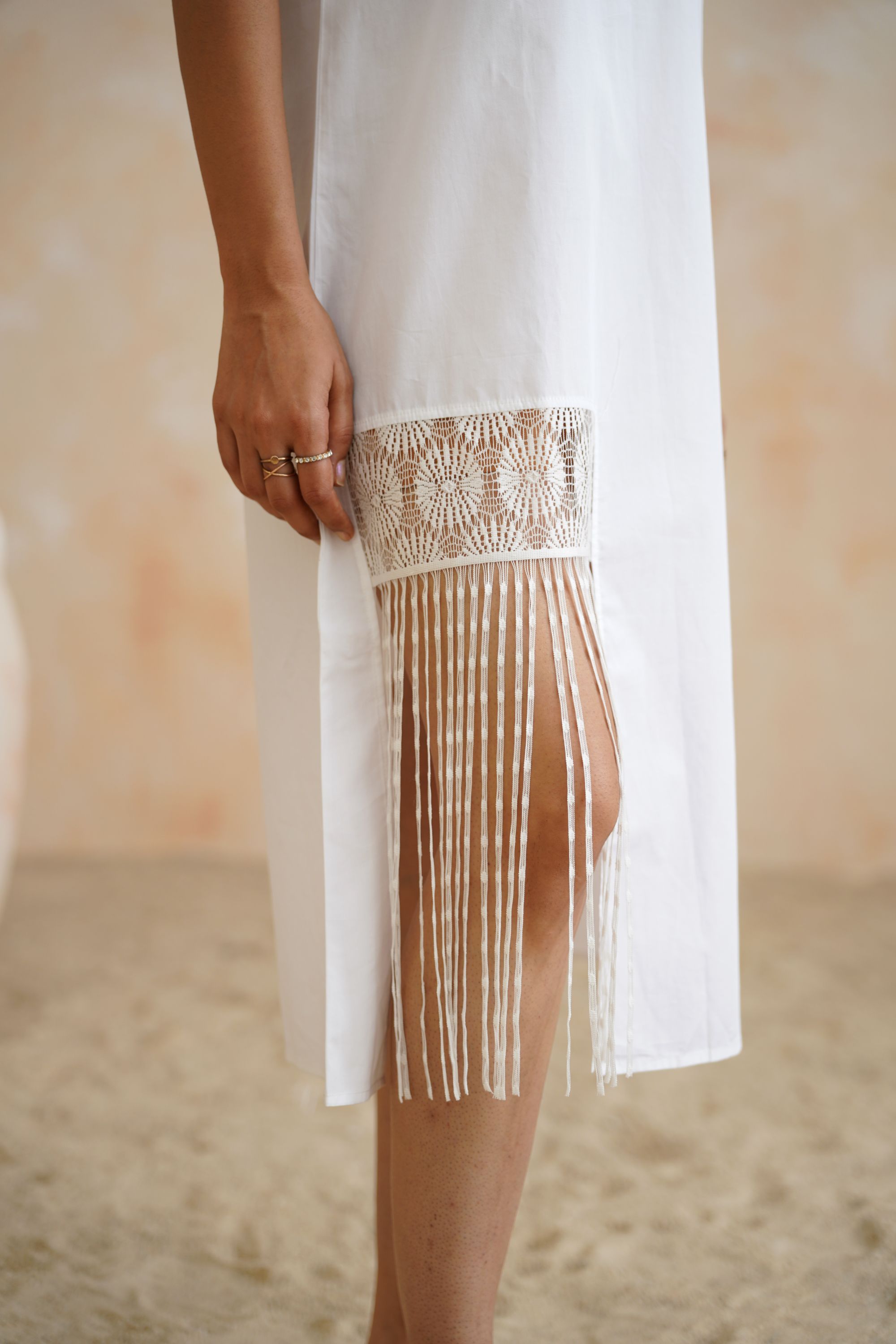 Tropical Oasis - The White Fringe Midi Dress