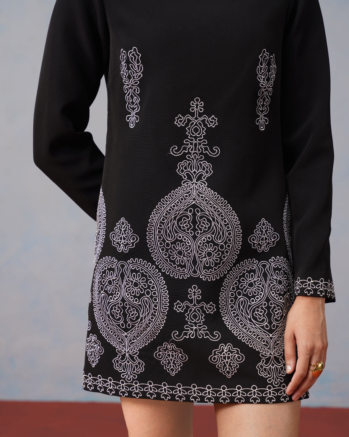 The Lumière Edit - The Cleo Paisley-Border Embroidered Black Crepe Mini Dress