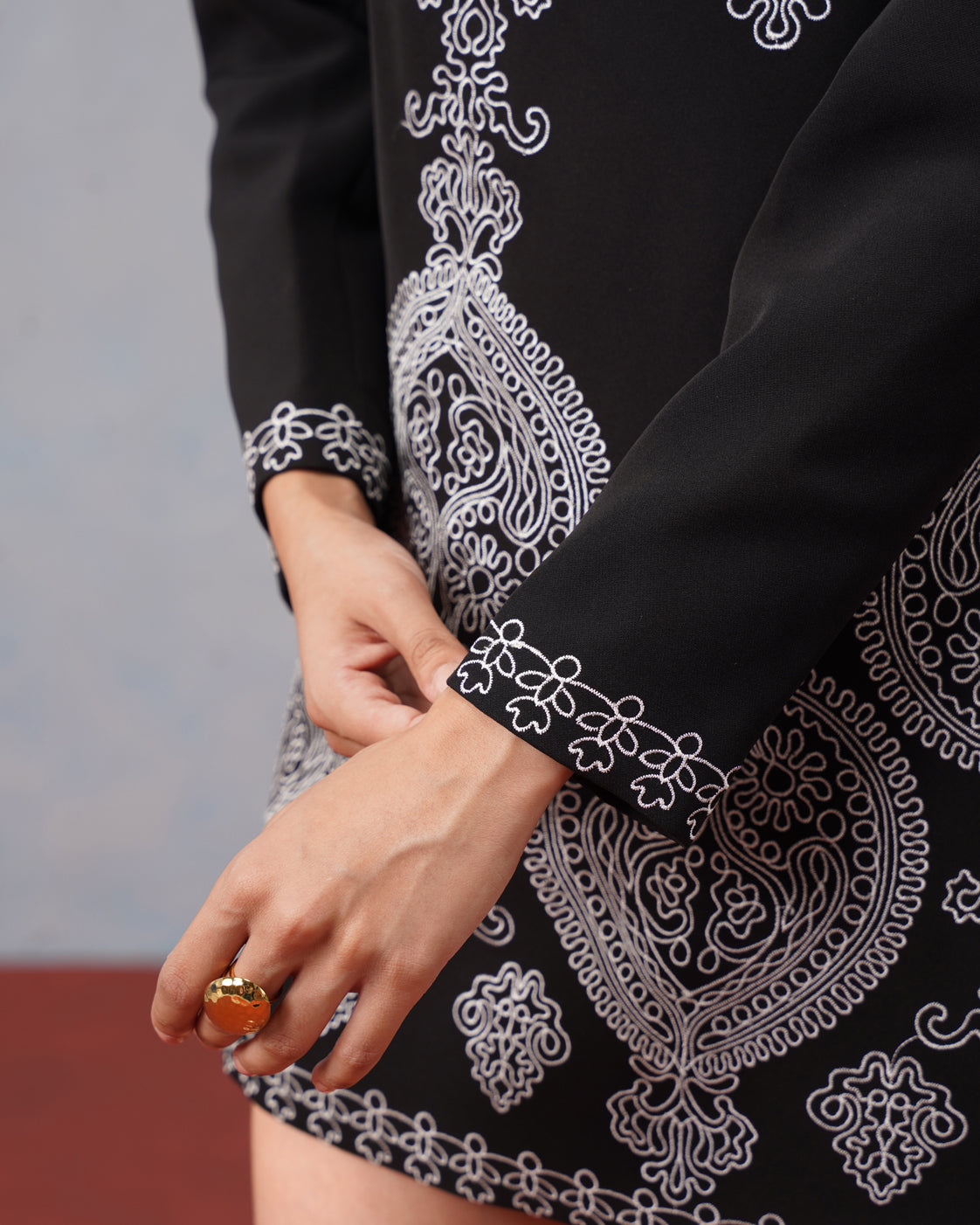 The Lumière Edit - The Cleo Paisley-Border Embroidered Black Crepe Mini Dress