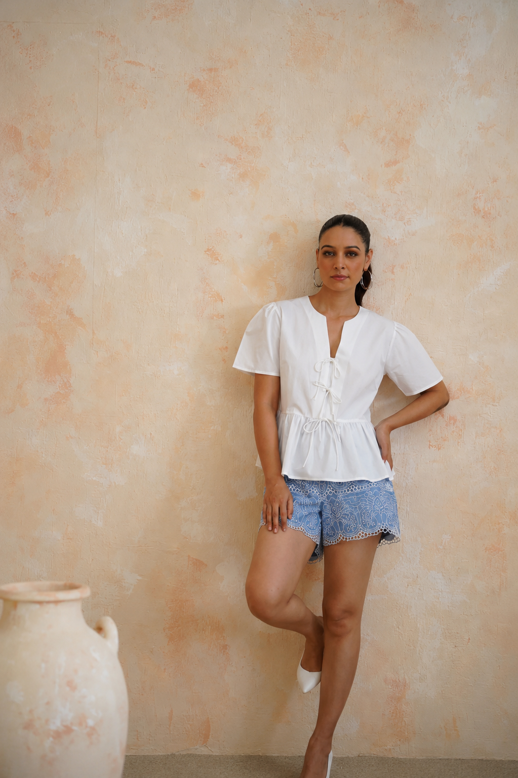Tropical Oasis - The Marbella White Tie-Front Peplum & Blue Eyelet Shorts Set