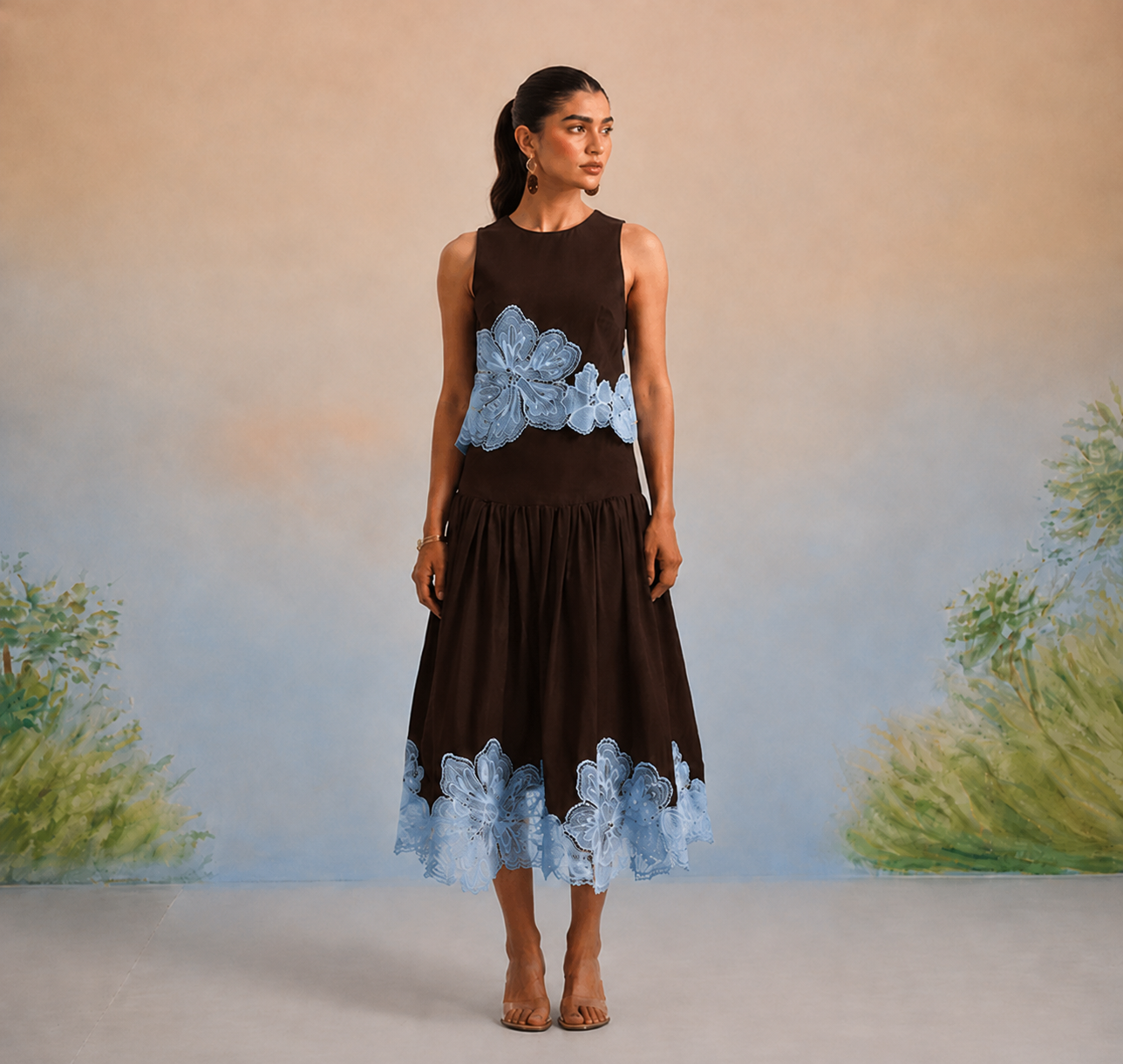 Bulevar Blossom - The Geneva Espresso & Azure Appliqué Skirt Set
