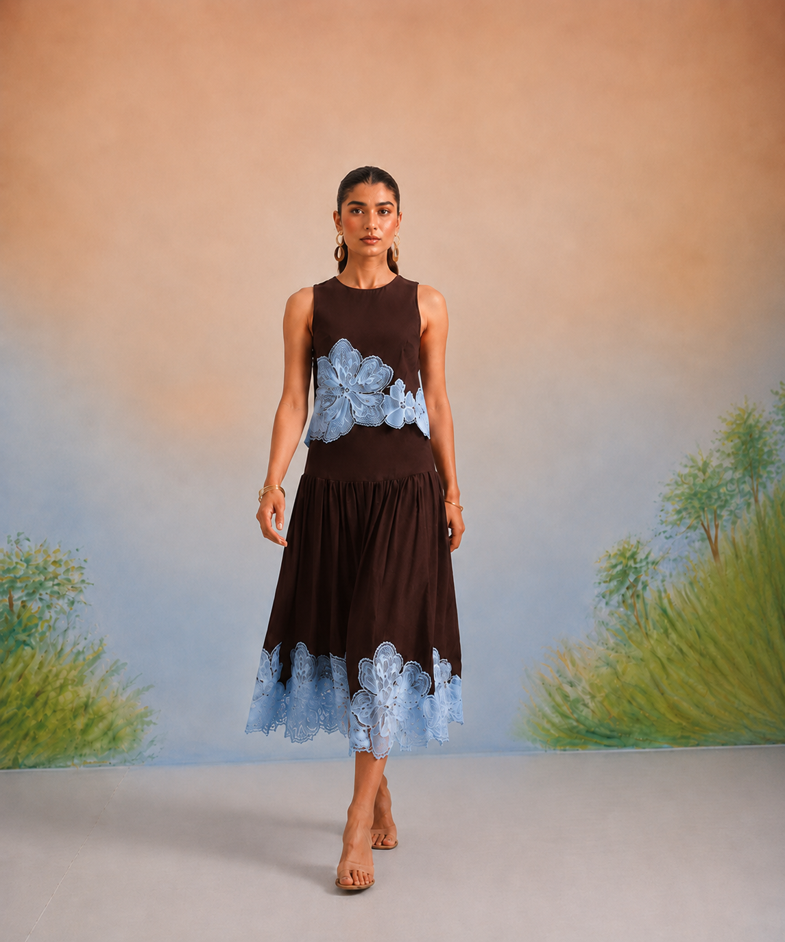 The Geneva Espresso & Azure Appliqué Skirt Set
