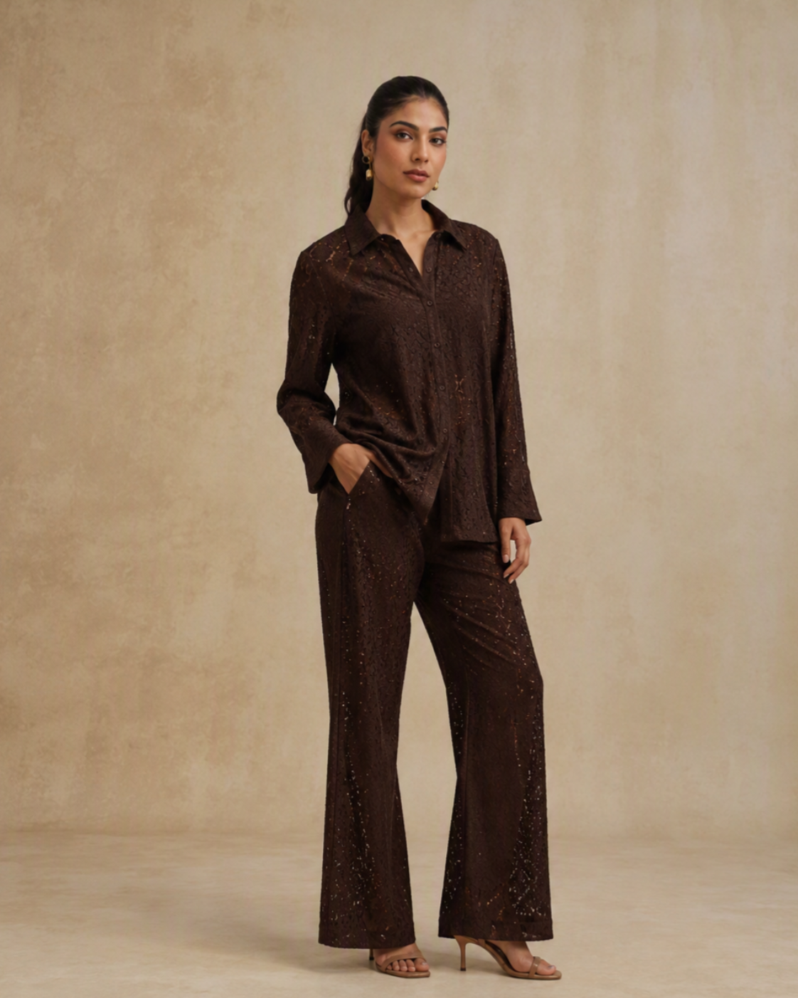 Sunset Soiree - The Havana Espresso Raschel Shirt Set