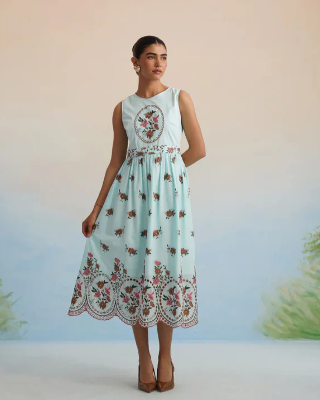 The Azure Floral Embroidered Scalloped Midi Dress