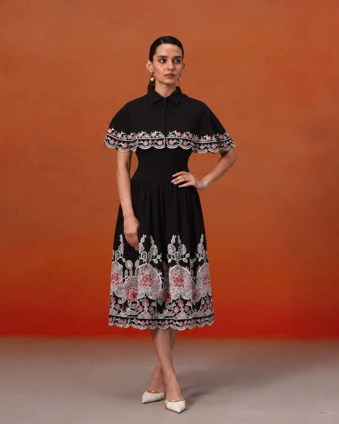 The Lumière Edit - The Elara Black Embroidered Cape & Midi Dress Set