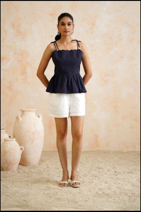 The Riviera Navy Peplum Top & Ivory Linen Shorts Set
