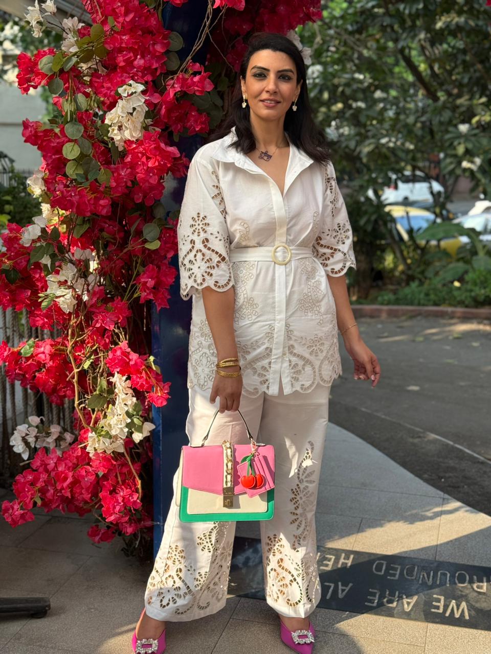 Payal Sewani  in The Casablanca Ivory White Cutwork Shirt & Pant Set